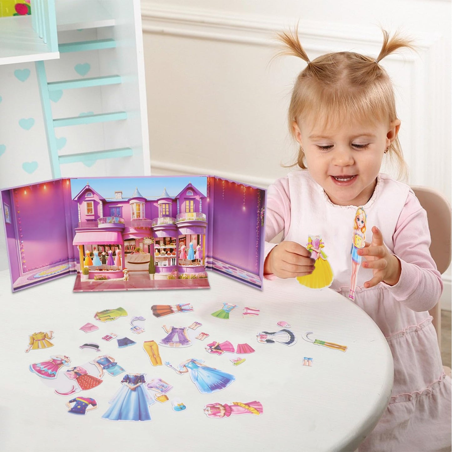 Yuzee Princess Magnetic Dress Up Set for Girls 4-7 – 35-Piece Paper Dolls, 3D Wardrobe Scene, Travel Role Play Toy