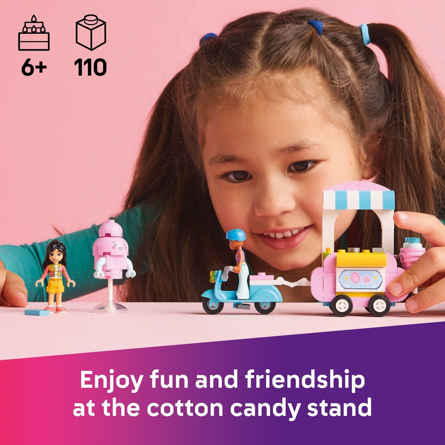 LEGO Friends Cotton Candy Stand & Scooter Set for Kids 6+ with 2 Minidolls, Wheelable Cart & Accessories – Birthday Gift Idea, 42643