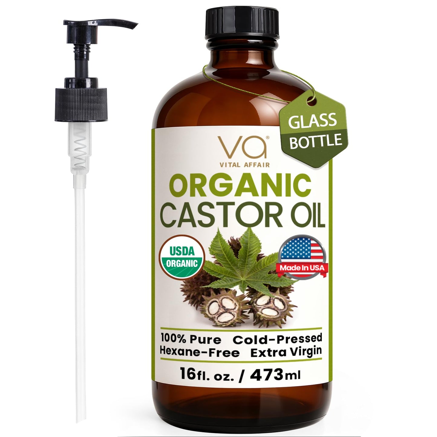 VITAL AFFAIR Organic Castor Oil 16oz – 100% Pure, Cold Pressed & Unrefined – USDA Certified – For Hair Growth, Eyelashes, Eyebrows & Castor Oil Pack
