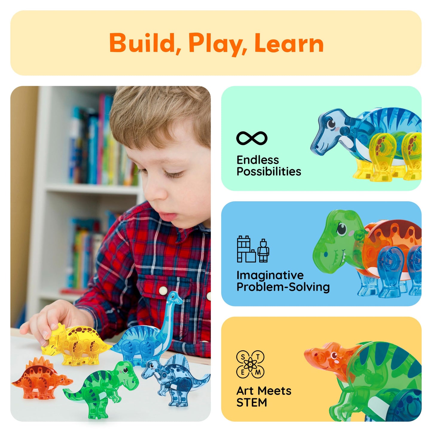 PicassoTiles Dinosaur Magnetic Tile Accessory Set – Mix & Match Dino Parts for STEM Building, Creative Pretend Play Toy for Kids 3+