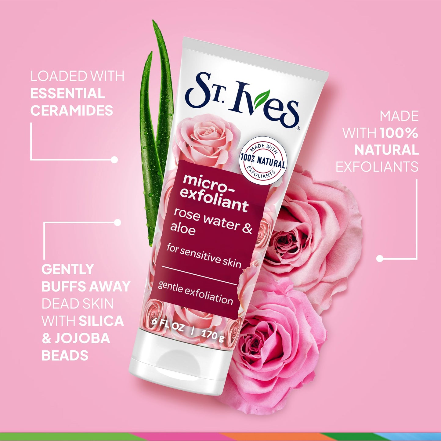 St. Ives Gentle Smoothing Face Scrub with Rose Water & Aloe Vera, 100% Natural Exfoliants, Paraben & Oil-Free, 6 oz