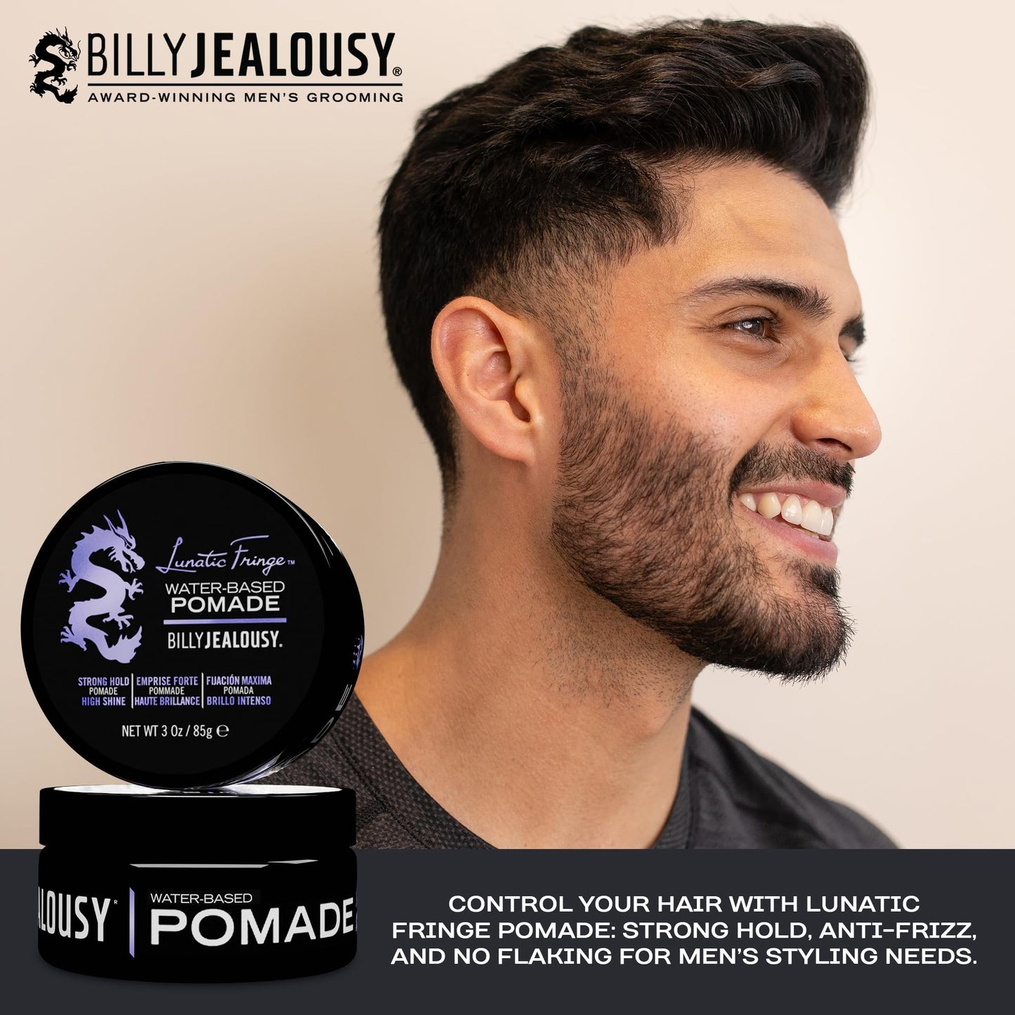 Billy Jealousy Lunatic Fringe Water-Based Pomade for Men – Strong Hold, High Shine, Vegan & Water Soluble Hair Styling Product, 3 oz
