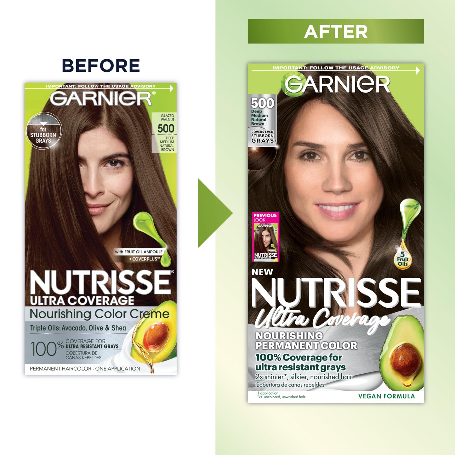 Garnier Nutrisse Ultra Coverage Hair Color, 500 Deep Medium Natural Brown (Glazed Walnut) – Nourishing Permanent Creme Hair Dye, 1 Count