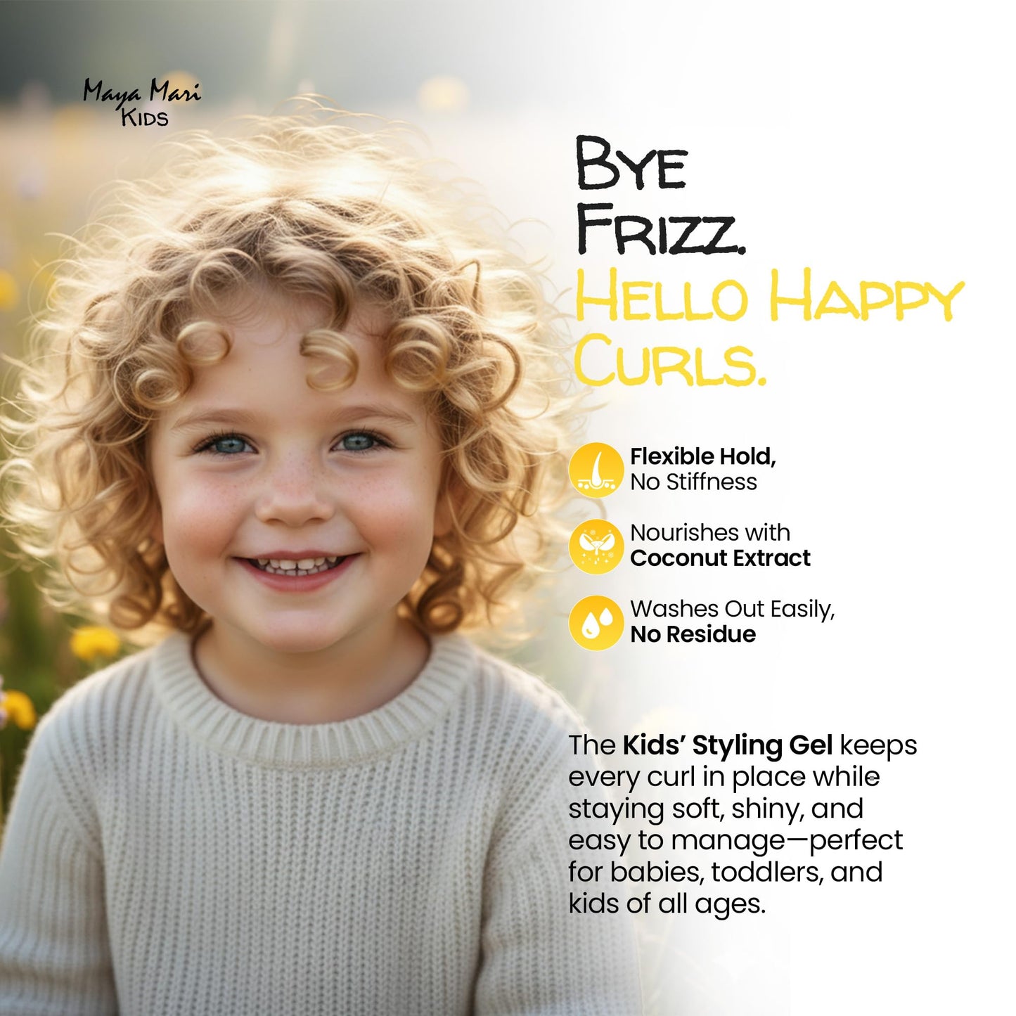 MAYA MARI Kids Hair Styling Gel with Coconut Fruit Extract | Safe & Gentle Baby Hair Gel for Toddlers | Sulfate-Free Hair Gel for Boys & Girls, 12 oz