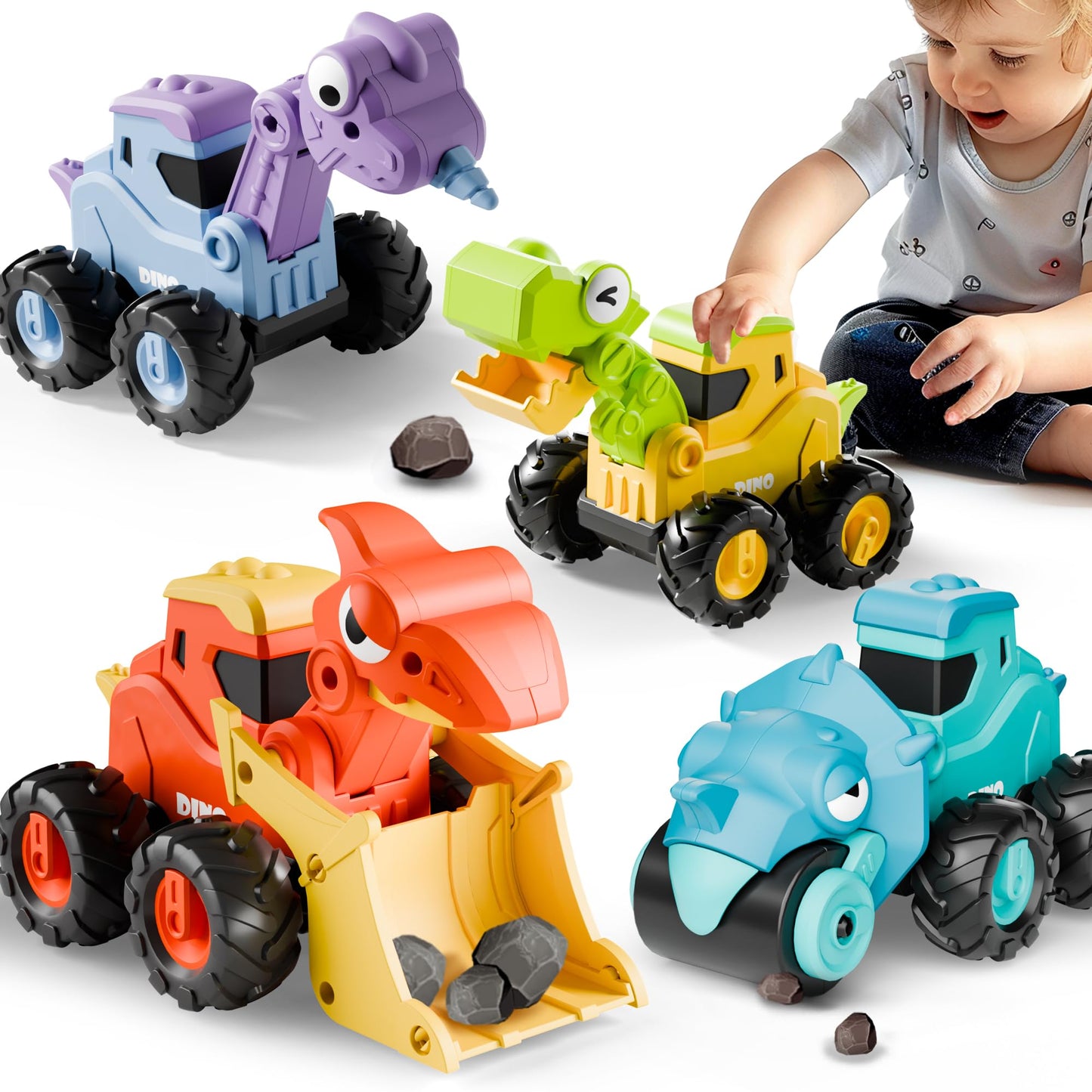 iPlay iLearn Dinosaur Truck Toys for Toddlers – Dino Push & Go Cars, Construction Sandbox Vehicles, Friction Car Set, Gift for Ages 18M-5Y