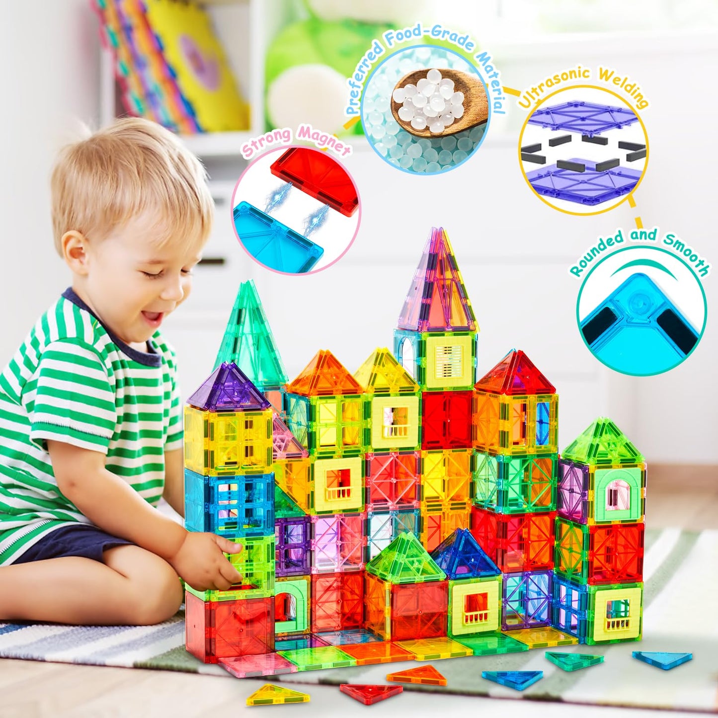 Dopyye 100PCS Magnetic Building Tiles for Kids, STEM Educational Magnet Blocks with Storage Bag, Stacking Toy Gift for Ages 3-9