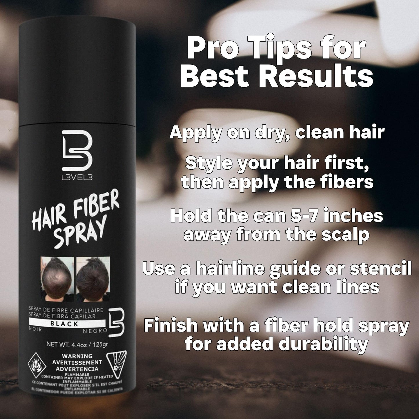L3 Level 3 Black Hair Fiber Spray - Covers Bald Spots & Thinning Hair - Instant Gray Coverage & Thicker Hair Appearance