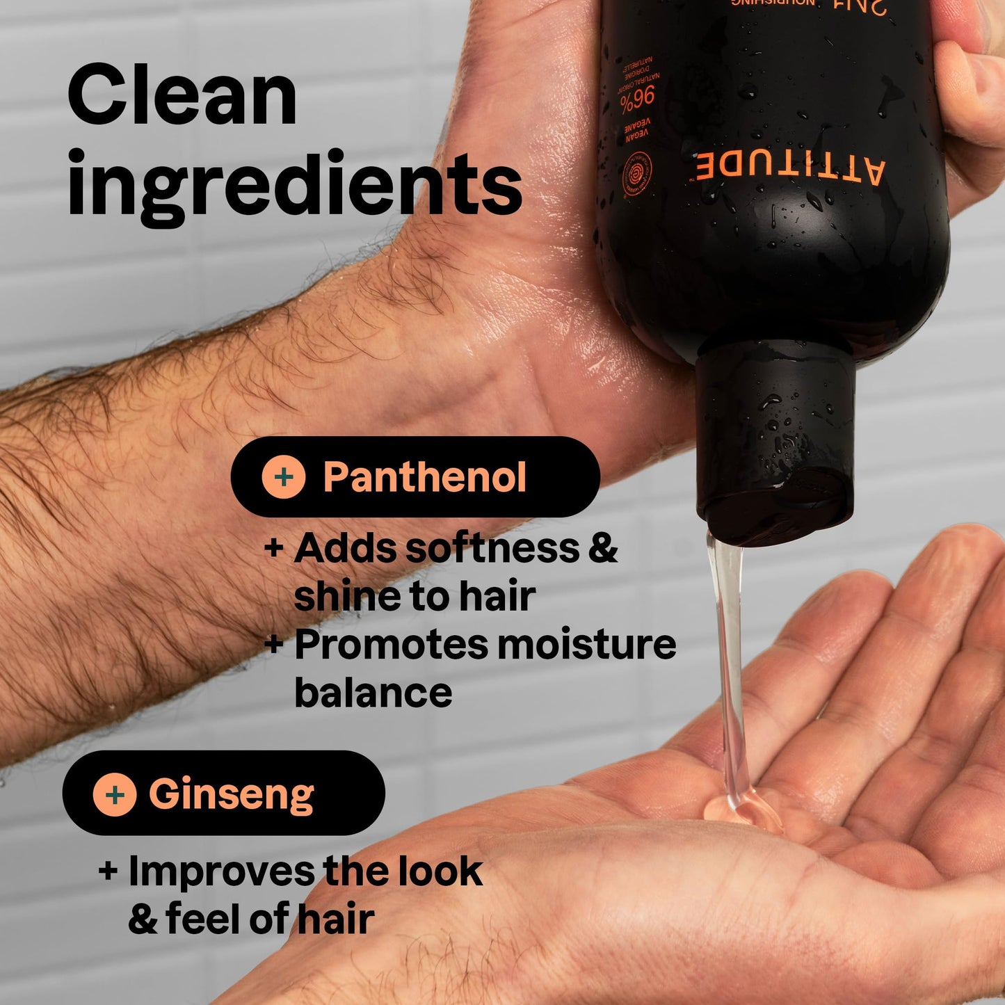 ATTITUDE Men’s 2-in-1 Shampoo & Conditioner, Nourishing for Dry Hair & Scalp with Panthenol & Ginseng, 97% Natural, EWG Verified, Patchouli & Bourbon, 14 Fl Oz