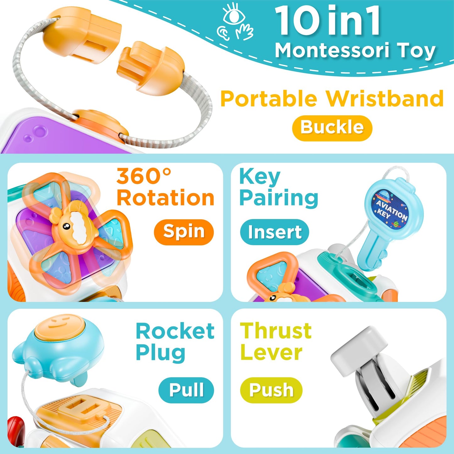 iPlay iLearn 10-in-1 Baby Busy Board Cube – Montessori Sensory & Learning Toy for Toddlers 6–24 Months | Travel & Birthday Gift