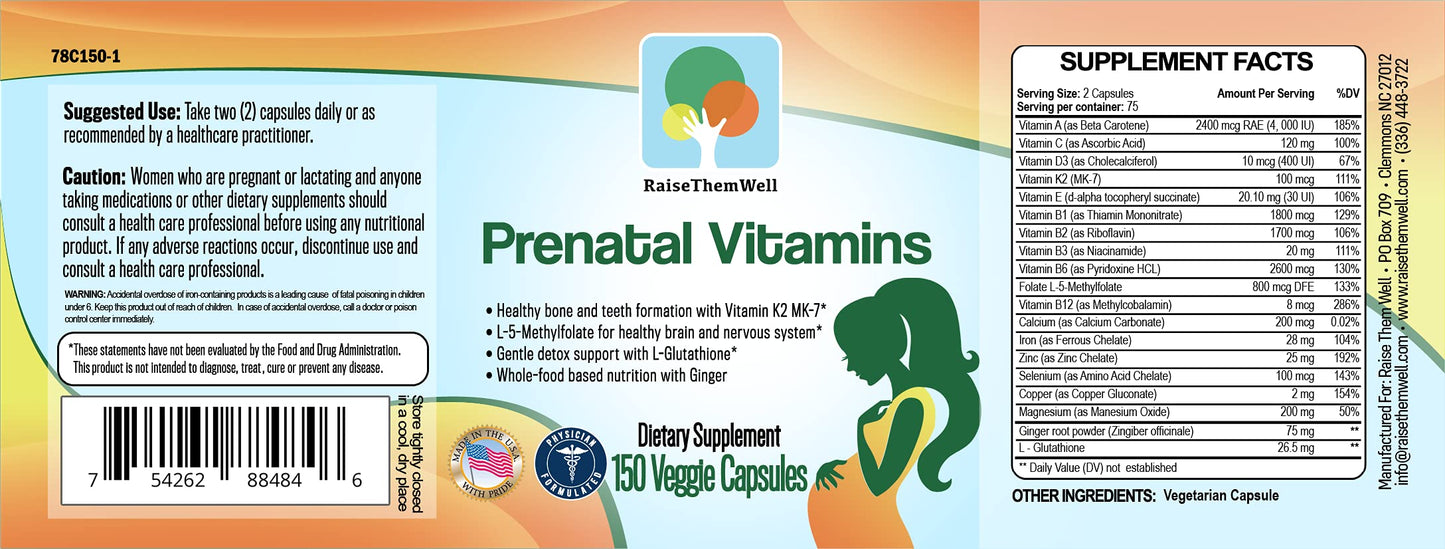 Raise Them Well Prenatal Multivitamin – Methylfolate, K2 MK-7, Glutathione & Iron – Physician Developed, Non-GMO, Supports Healthy Pregnancy, 150 Caps