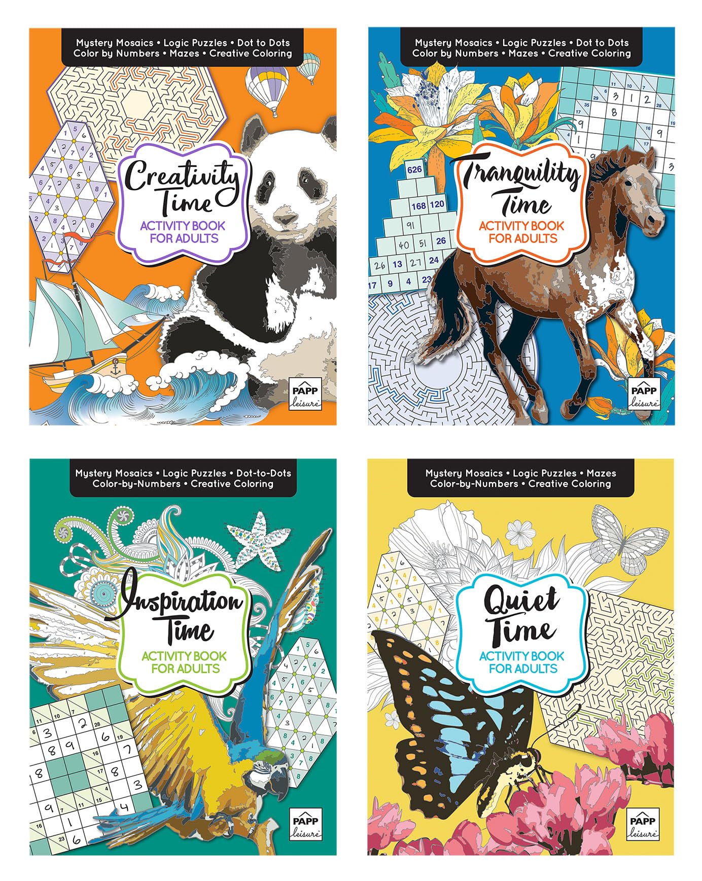 Activity Books for Adults 4-Book Set – 100+ Pages of Stress-Relieving Puzzles, Sudoku, Color by Number, Mosaics & Inspirational Quotes