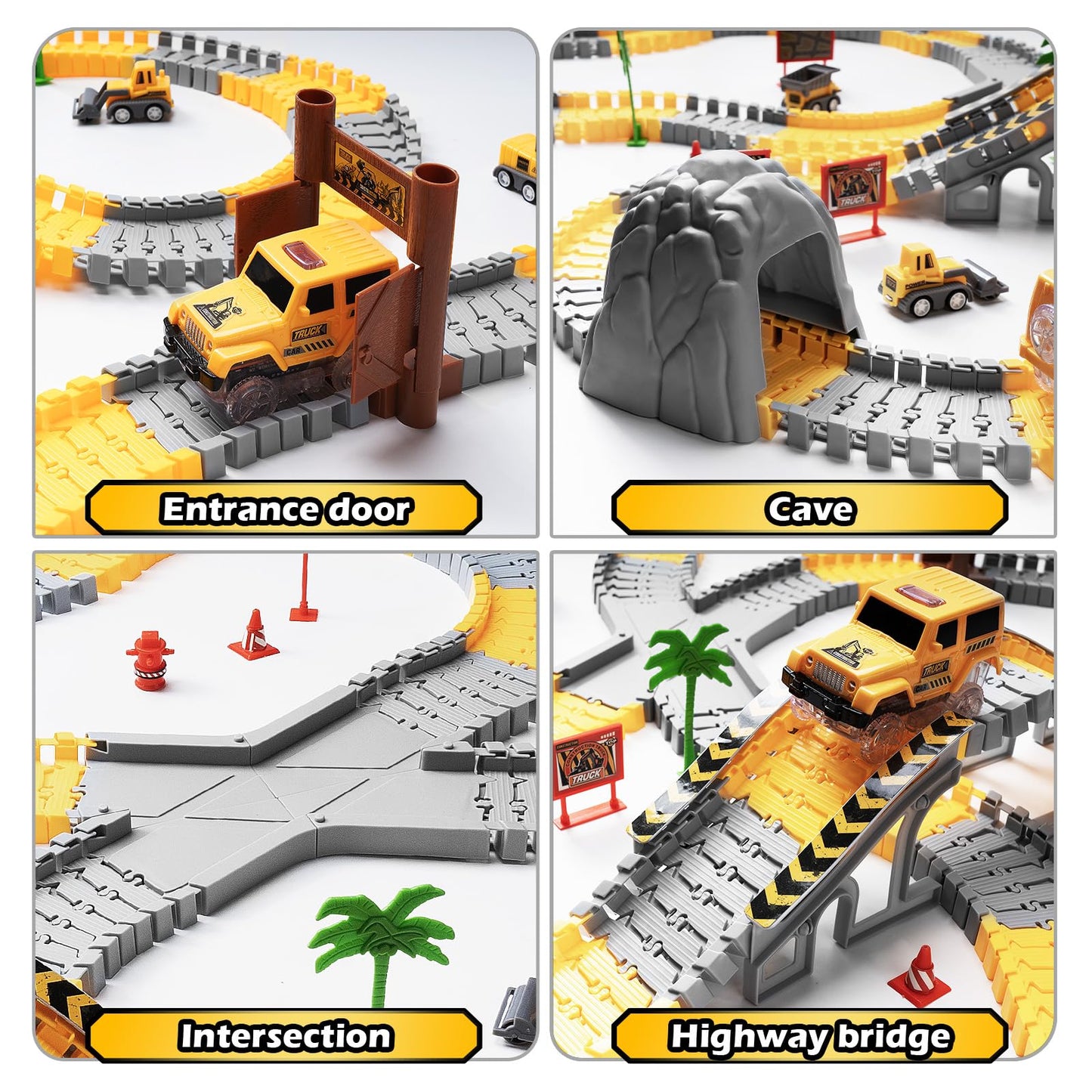 264PCS Glow-in-the-Dark Construction Race Track Set with 2 Light-Up Cars & 3 Construction Vehicles, Flexible DIY Toy for Kids Ages 3-9