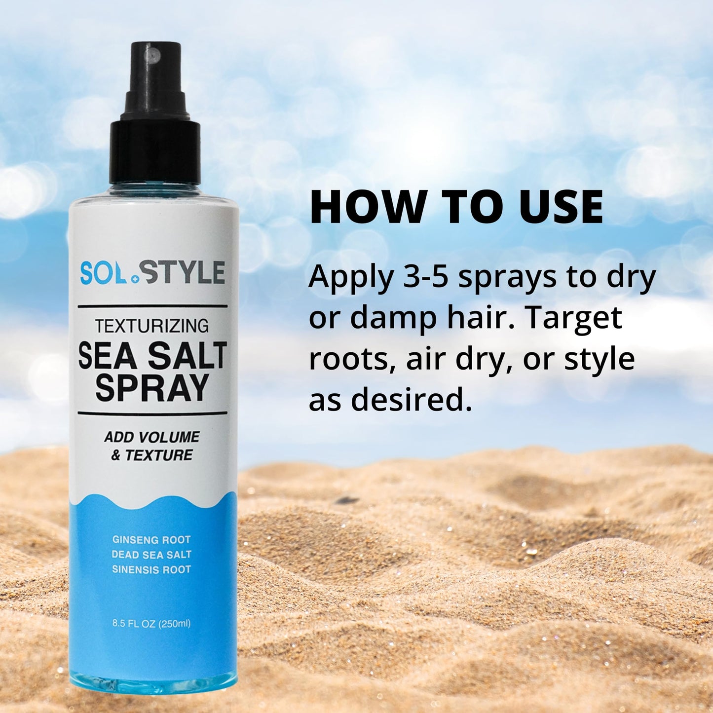 Sol Style Sea Salt Spray – Volumizing & Texturizing Hair Mist with Dead Sea Salt & Ginseng Root for Strong, Healthy Beach Waves, 8.5 oz