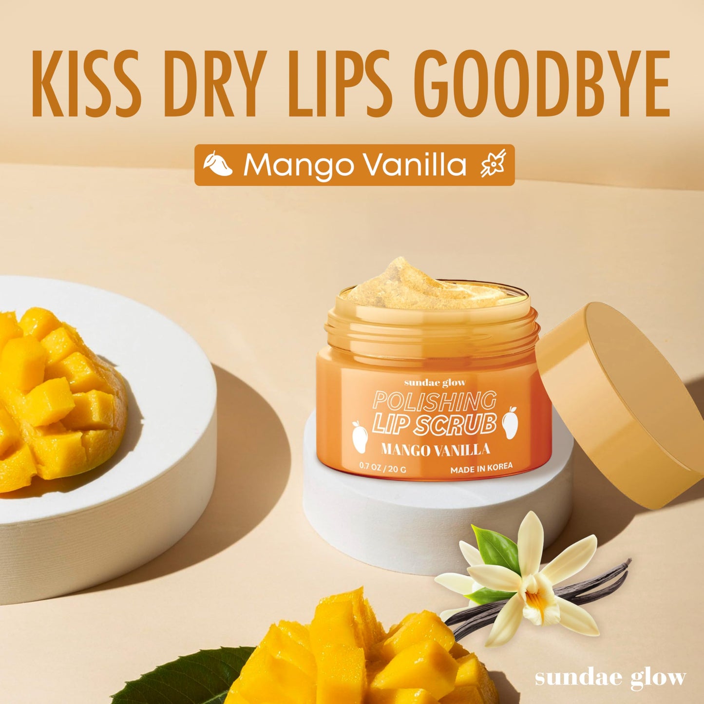 Sundae Glow Mango Vanilla Lip Scrub – Exfoliates, Hydrates & Repairs Dry Lips – Smooth, Soft & Revitalized – Clean, Cruelty-Free, 1 Pack