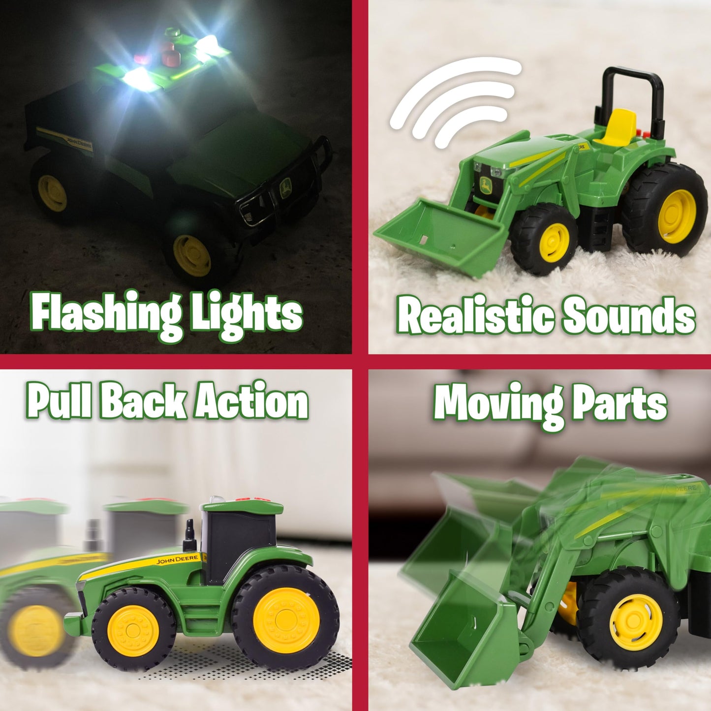 John Deere 3-Pack Set Lights and Sound Realistic 5" Farm Vehicles, 7R Series Tractor, 6105M Tractor and Gator