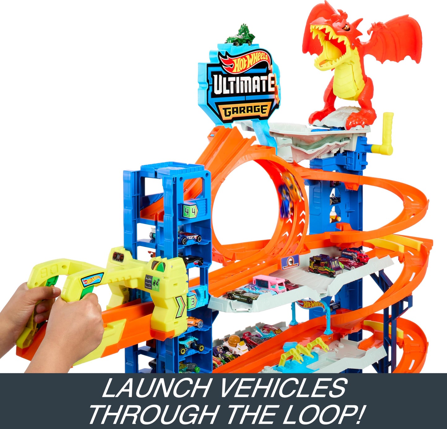 Hot Wheels City Ultimate Garage Track Set with 2 Die-Cast Toy Cars & Car-Eating Dragon, Stores 50+ Vehicles, 4 Levels