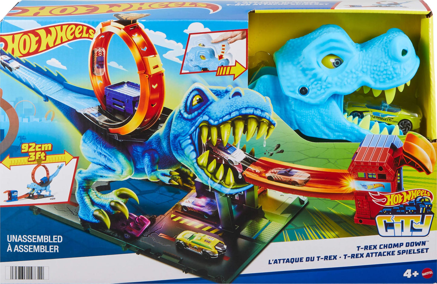 Hot Wheels City Track Set with 1 Toy Car, Race Through a Giant Loop to Defeat a Big Dinosaur, T-Rex Loop Stunt and Race Playset
