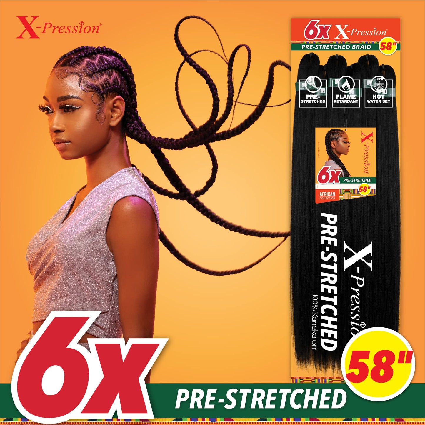Sensationnel X-Pression 6X Pre-Stretched Braiding Hair 58" – Kanekalon Flame Retardant Synthetic Hair for Box Braids & Twists (1B Off Black)