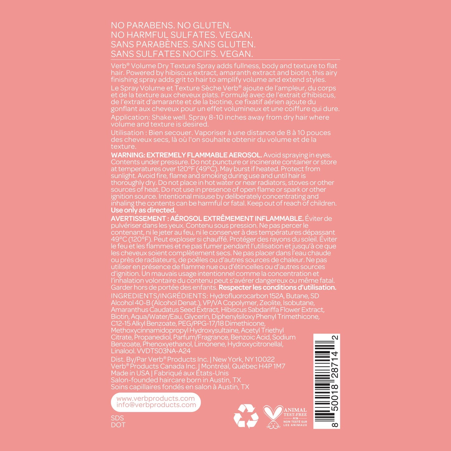 VERB Volume Dry Texture Spray, 5 oz- Boosts Volume, Adds Fullness & Weightless Grit -No Parabens, Gluten or Harmful Sulfates