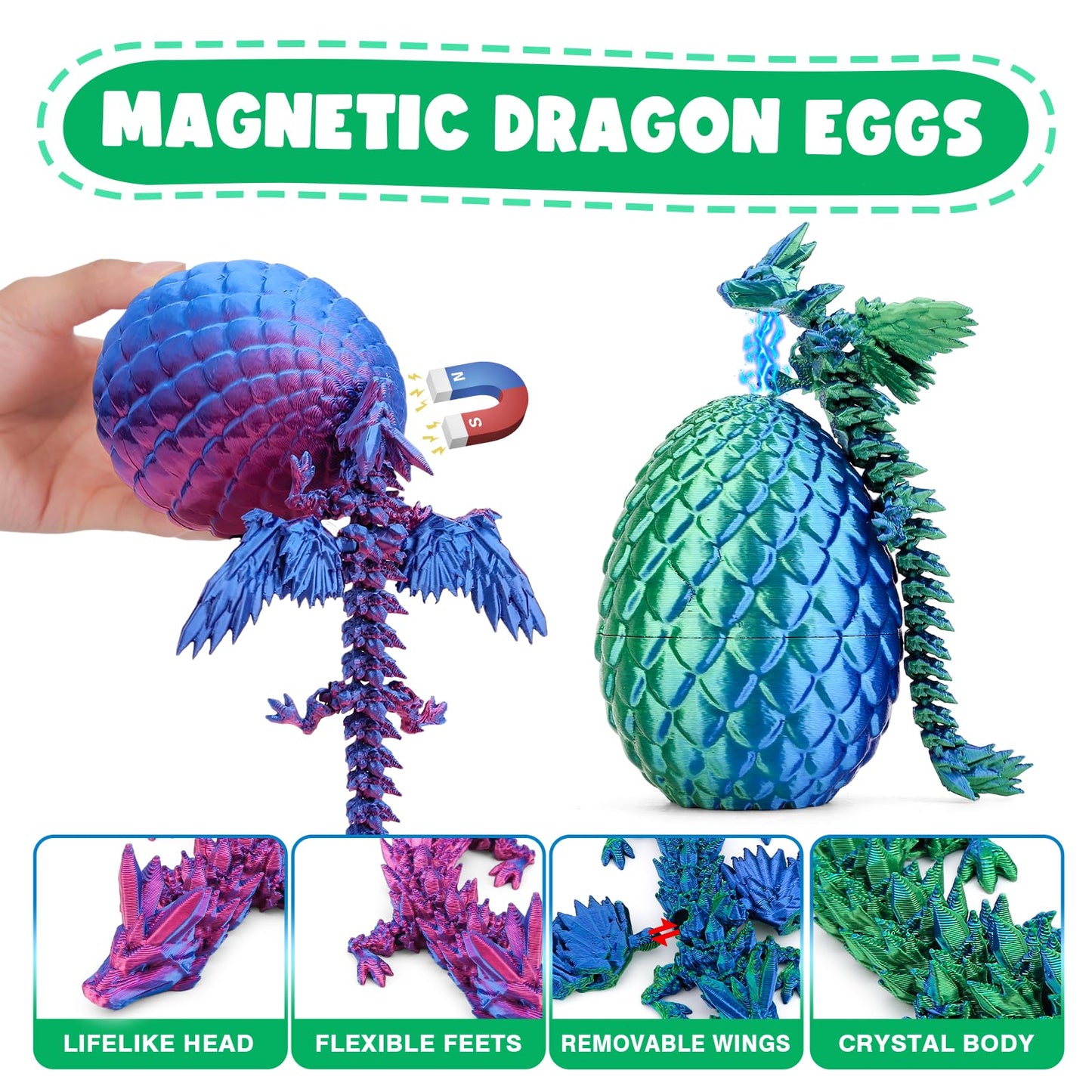 Aousin 3D Printed Dragon Eggs with 4 Dragons Inside - Swappable Wing, Flexible Articulated Magnetic Dragons Animals Fidget Toy for Kids (Purple+Blue)