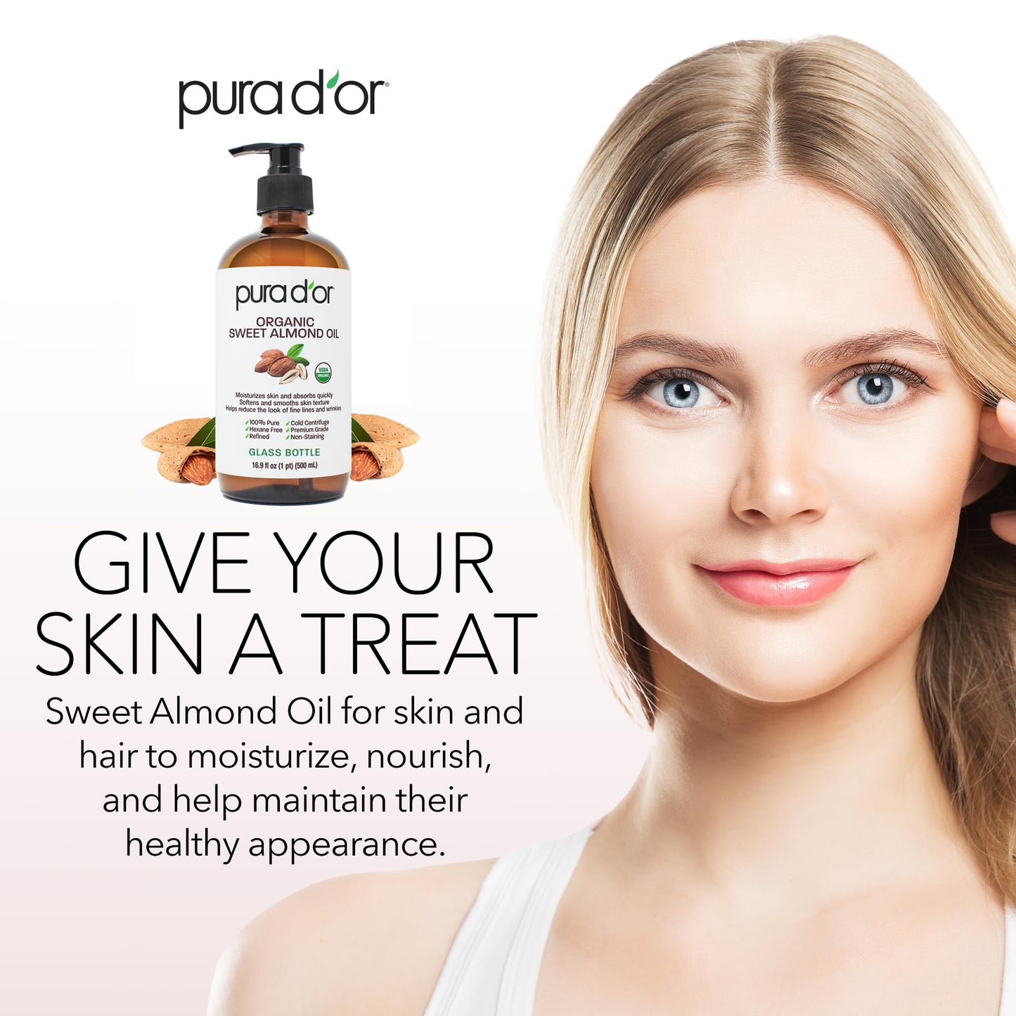 PURA D'OR 16.9oz Organic Sweet Almond Oil - 100% Pure Cold-Pressed Carrier Oil, Non-Greasy & Unscented, Hair & Skin Moisturizer, Glass Bottle