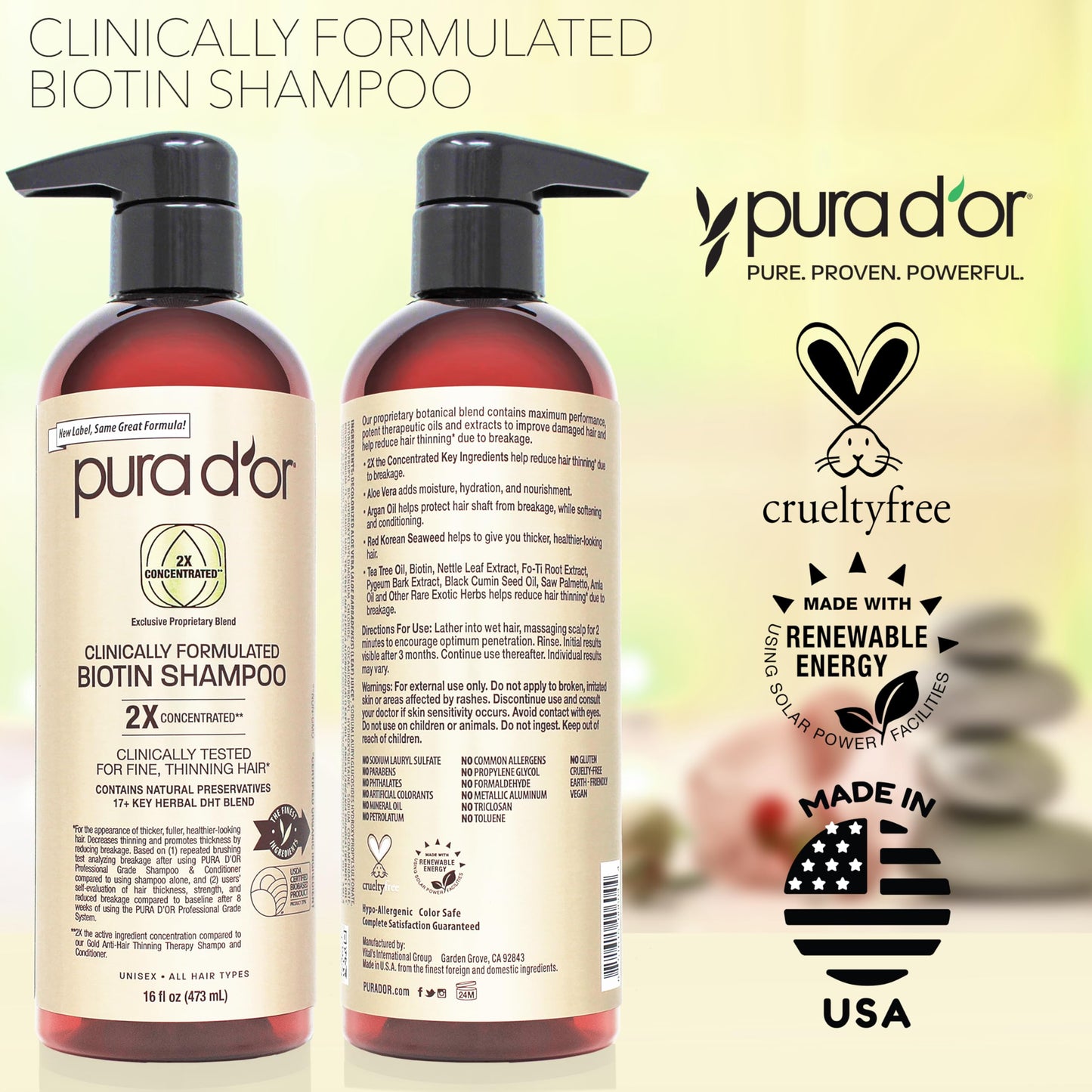 PURA D'OR Professional Biotin Shampoo 16oz | 2X Concentrated DHT Blocker | Clinically Proven Anti-Thinning & Hair Thickening Formula for Men & Women