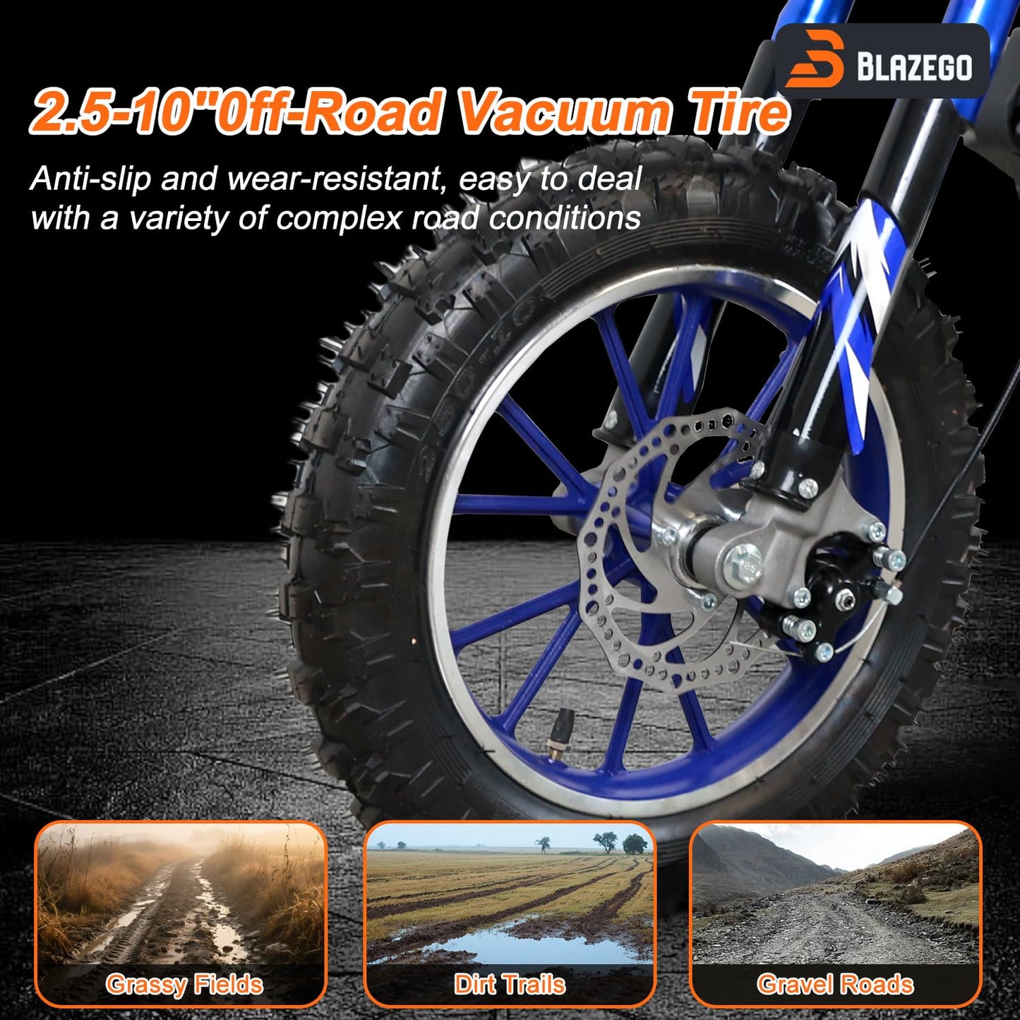 BLAZEGO 49cc Gas-Powered Kids Dirt Bike, 2-Stroke Mini Motorcycle with Off-Road Tires, Disc Brakes, Shock Absorption & Soft Seat, Ages 8-14, Blue