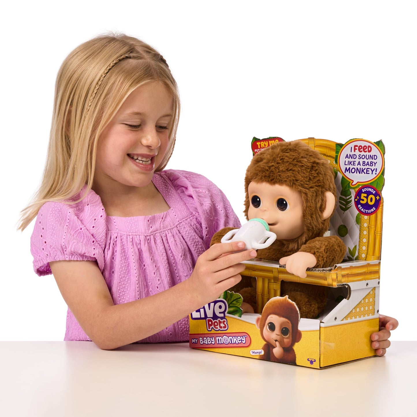 Little Live Pets My Baby Monkey Mango, 50+ Sounds and Reactions, Plush Interactive Monkey Toy Set with Accessories, Interactive Pets for Kids Ages 4+
