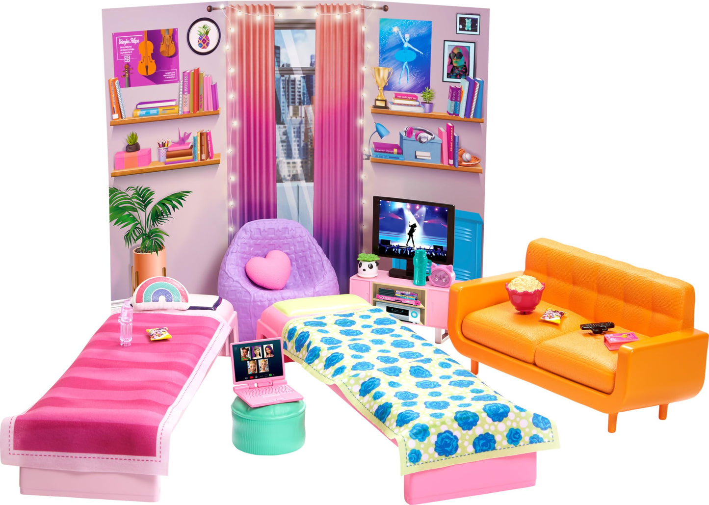 Barbie Toy Playset, Big City, Big Dreams Dorm Room Furniture & Accessories with 2 Beds, Couch, Bean Bag Chair & More