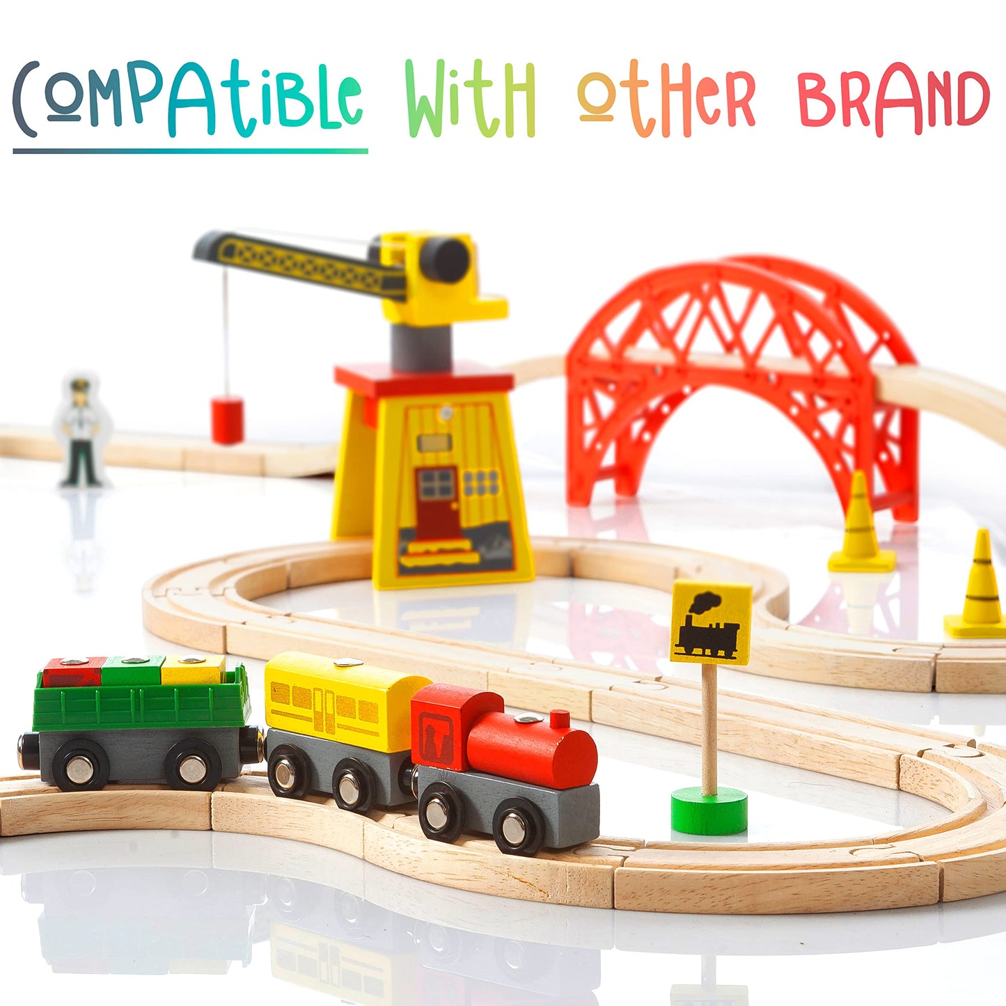 KipiPol 38-Piece Wooden Train Set for Toddlers 2-7 with Crane, Bridge & Tracks – Compatible with Thomas, Brio, IKEA, Melissa & Doug Toys