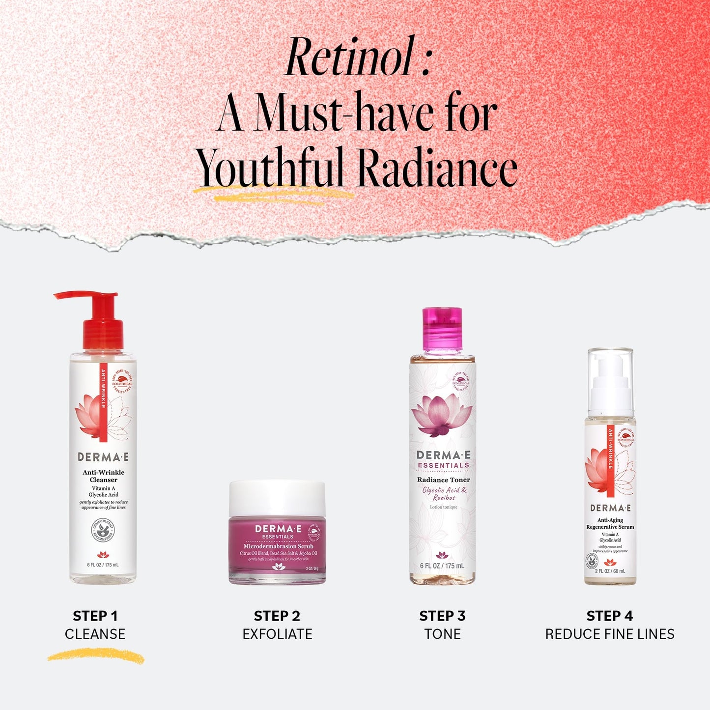 Derma E Anti-Wrinkle Cleanser – Gentle Anti-Aging Face Wash with Glycolic Acid & Vitamin A, Removes Makeup, Oil & Impurities, 6 oz