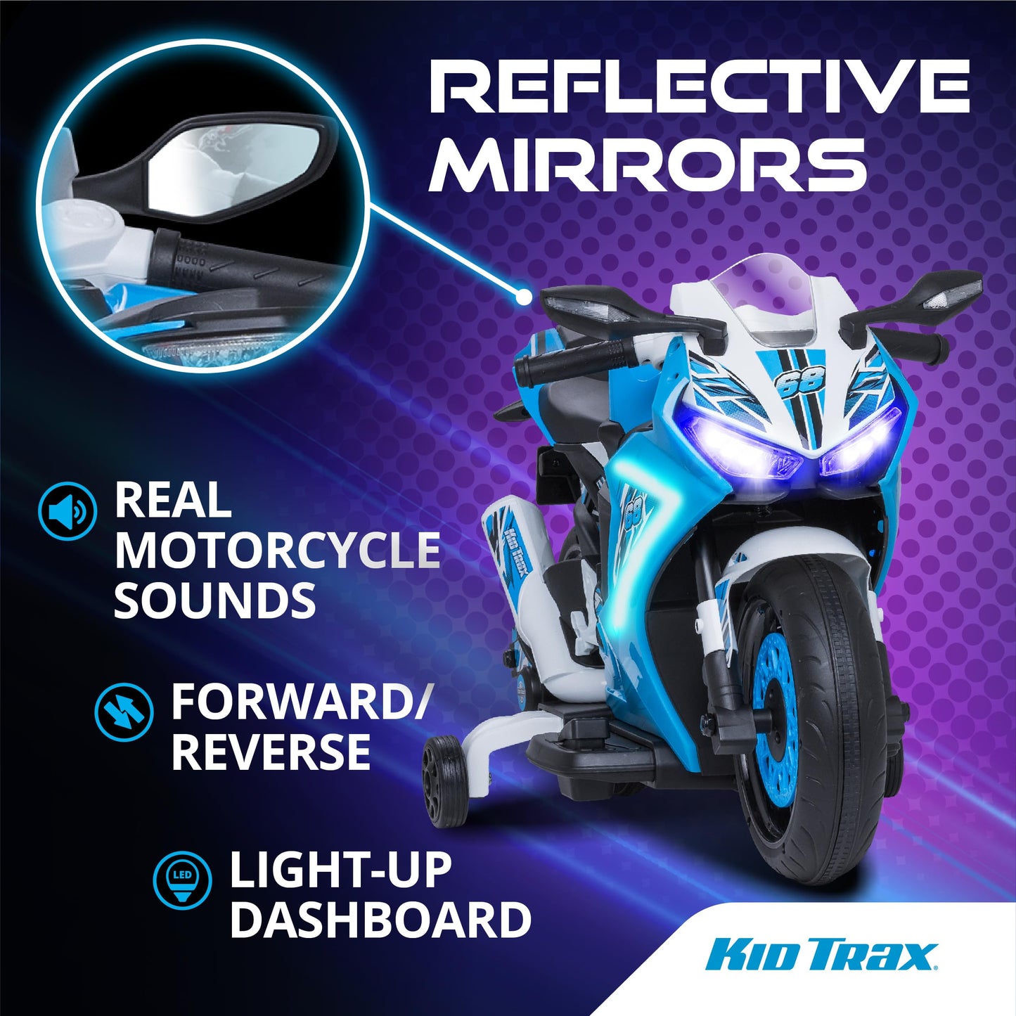 Kid Trax 6V Glow Electric Toddler Motorcycle Ride-On Toy for Kids 3-6 | LED Lights, Realistic Sounds, Indoor/Outdoor, Durable, Blue, 65 lbs Max