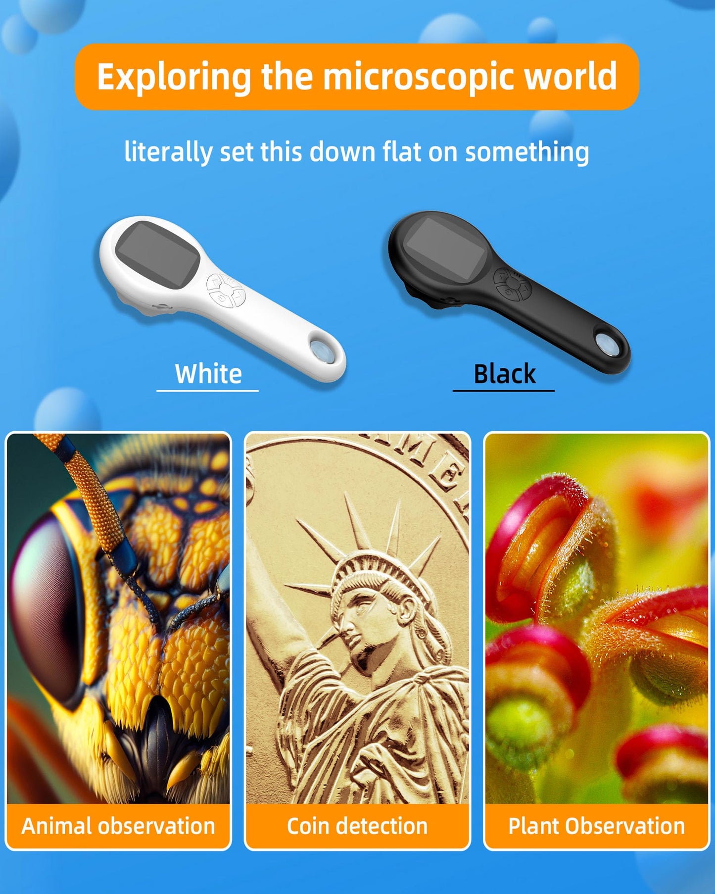 T TAKMLY Mini Pocket Digital Microscope, Macro Fixed Focus Magnifying Glass, Portable Handheld USB Digital Microscope 500x Magnification, 4X Zoom