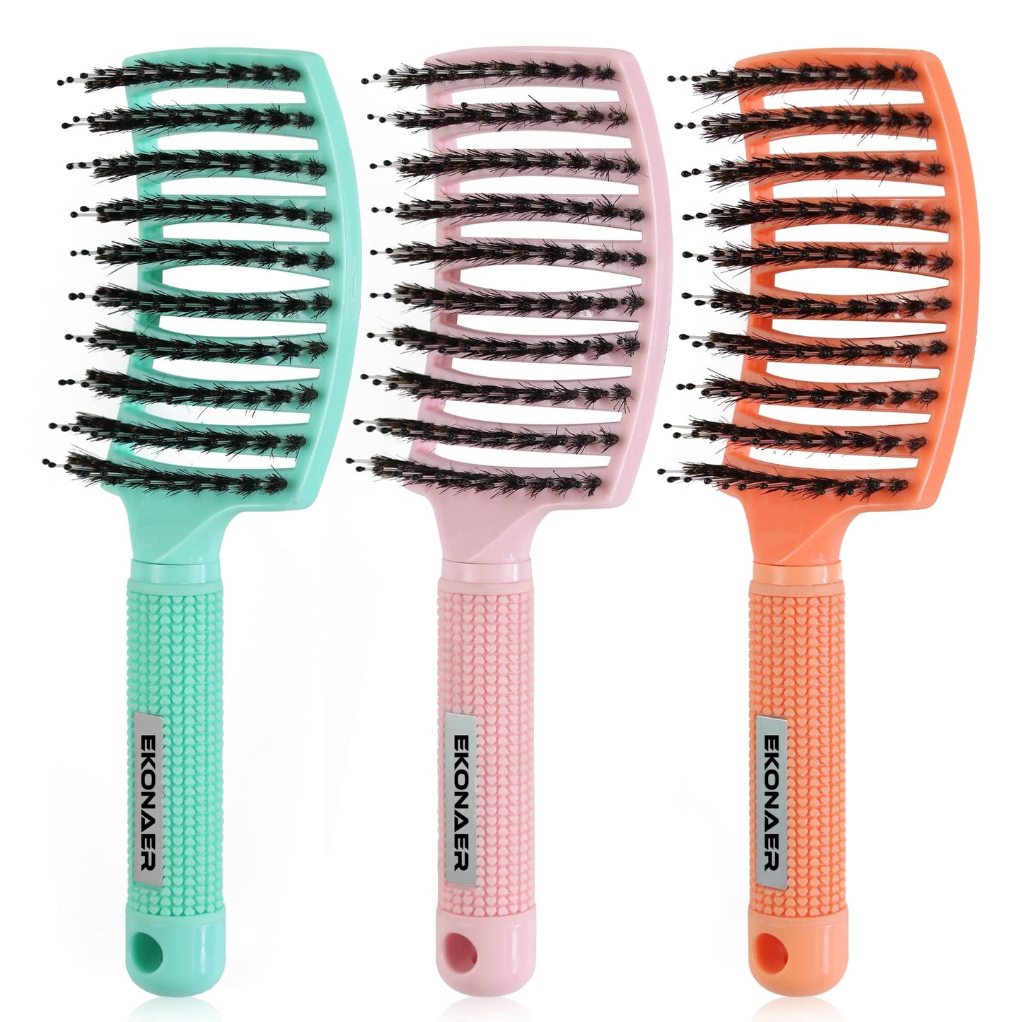 EKONAER 3 Pack Vented Quick-Dry Detangler Brush Set with Boar Bristles – Curved Massage Hair Brushes for Women with Long, Thick, Thin, or Curly Hair (Green)