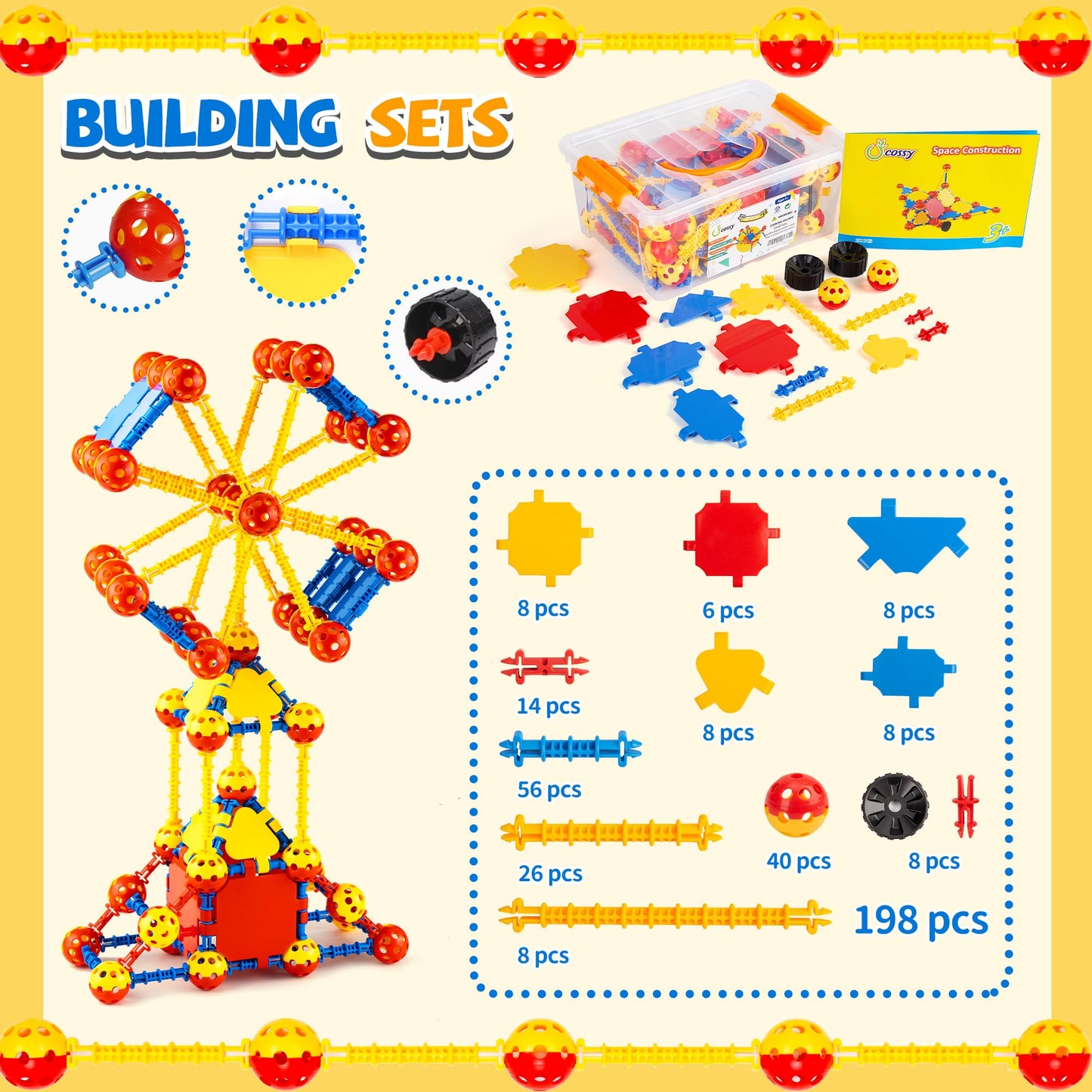 Cossy 198PCS STEM Building Blocks Kit for Kids, Educational Construction Toys, Creative Engineering & Learning Games for Ages 3-8