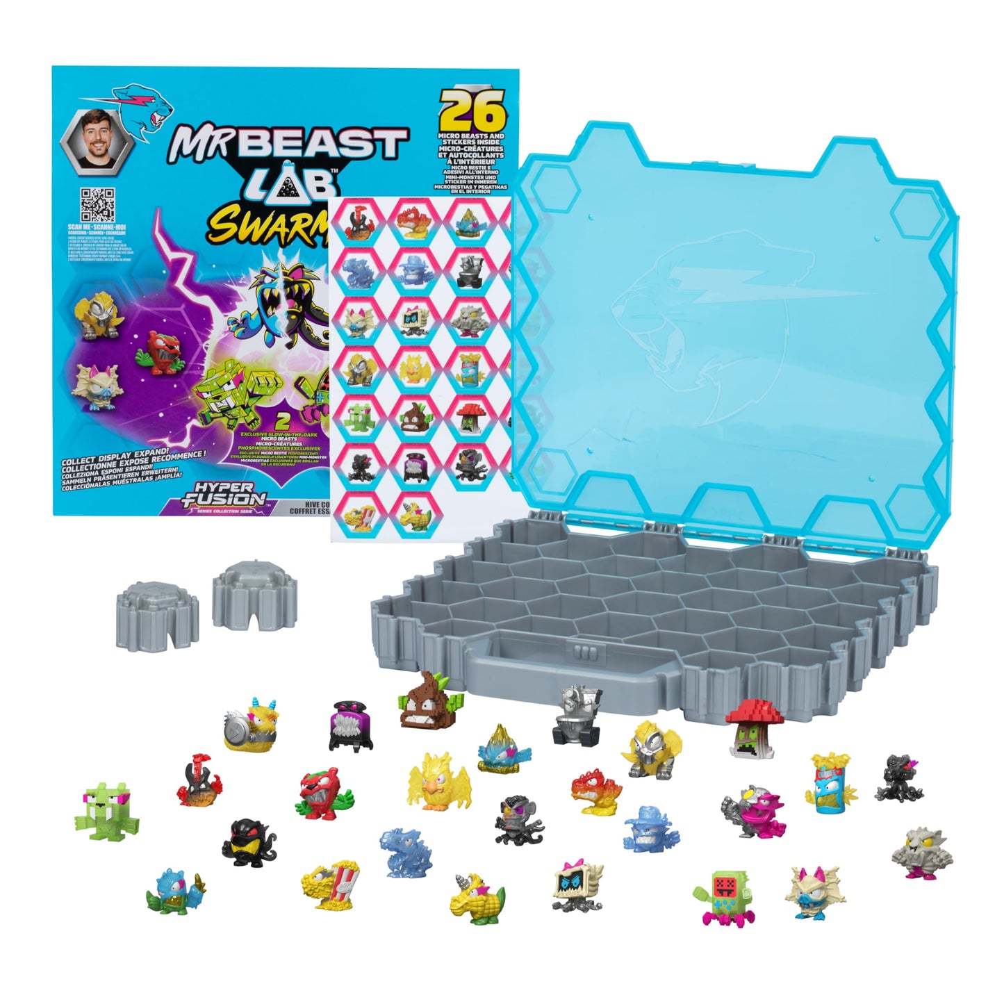 MRBEAST LAB Hive Collector Pack – 26 Micro Beasts Including 2 Glow-in-the-Dark, 26 Stickers & 2 Fusion Caps, Holds 70+ Micro Beasts