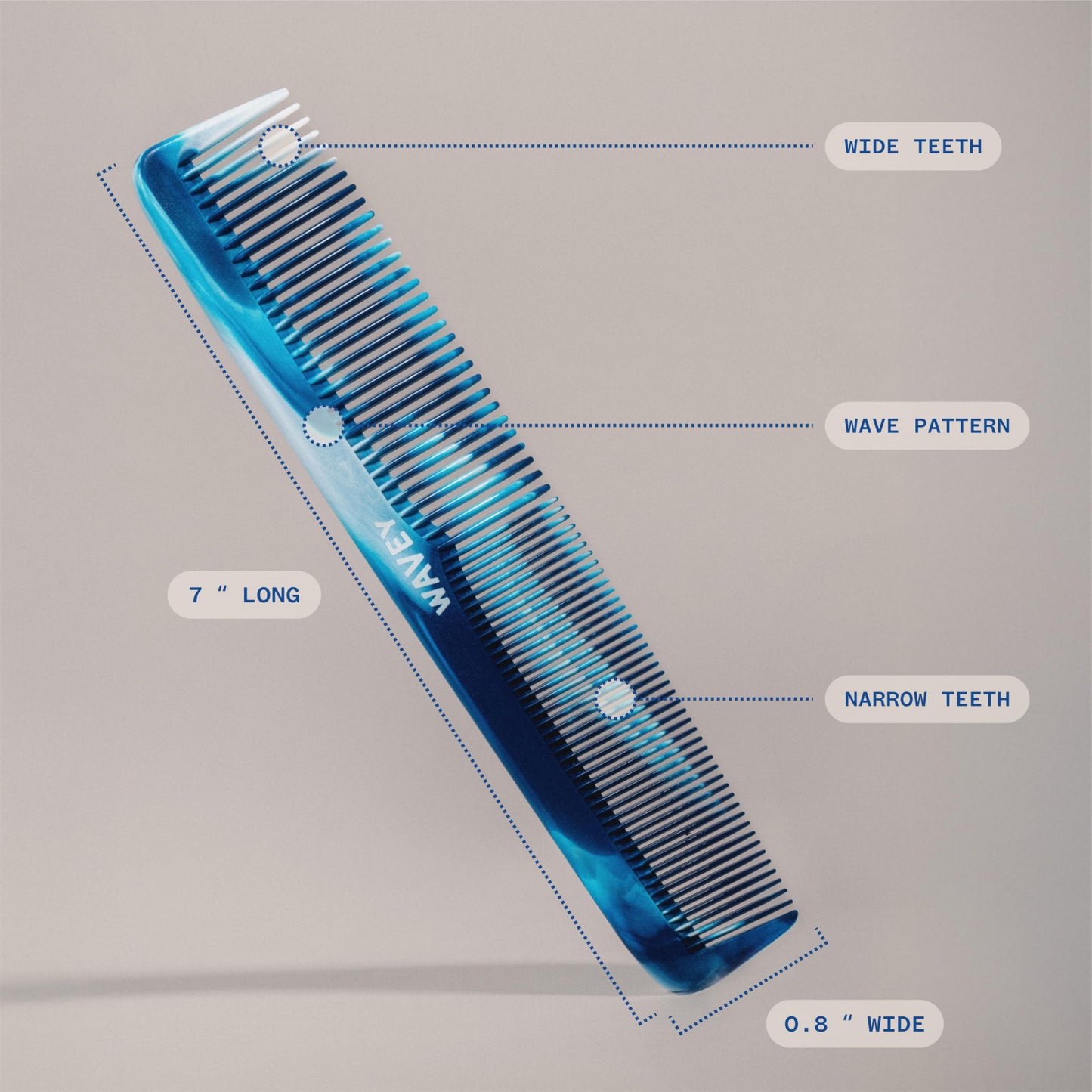 WAVEY 7" Hair Comb for Men & Women - Wide & Fine Tooth Comb for Thick, Thin, Curly, Straight Hair - Recycled Ocean Plastic, Travel-Friendly, Blue