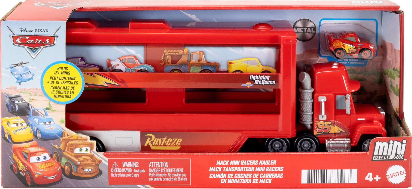 Mattel Disney Pixar Cars Mini Mack Racers Hauler & 1 Toy Car, Transporter Truck Holds 18 Minis, Collectible Set