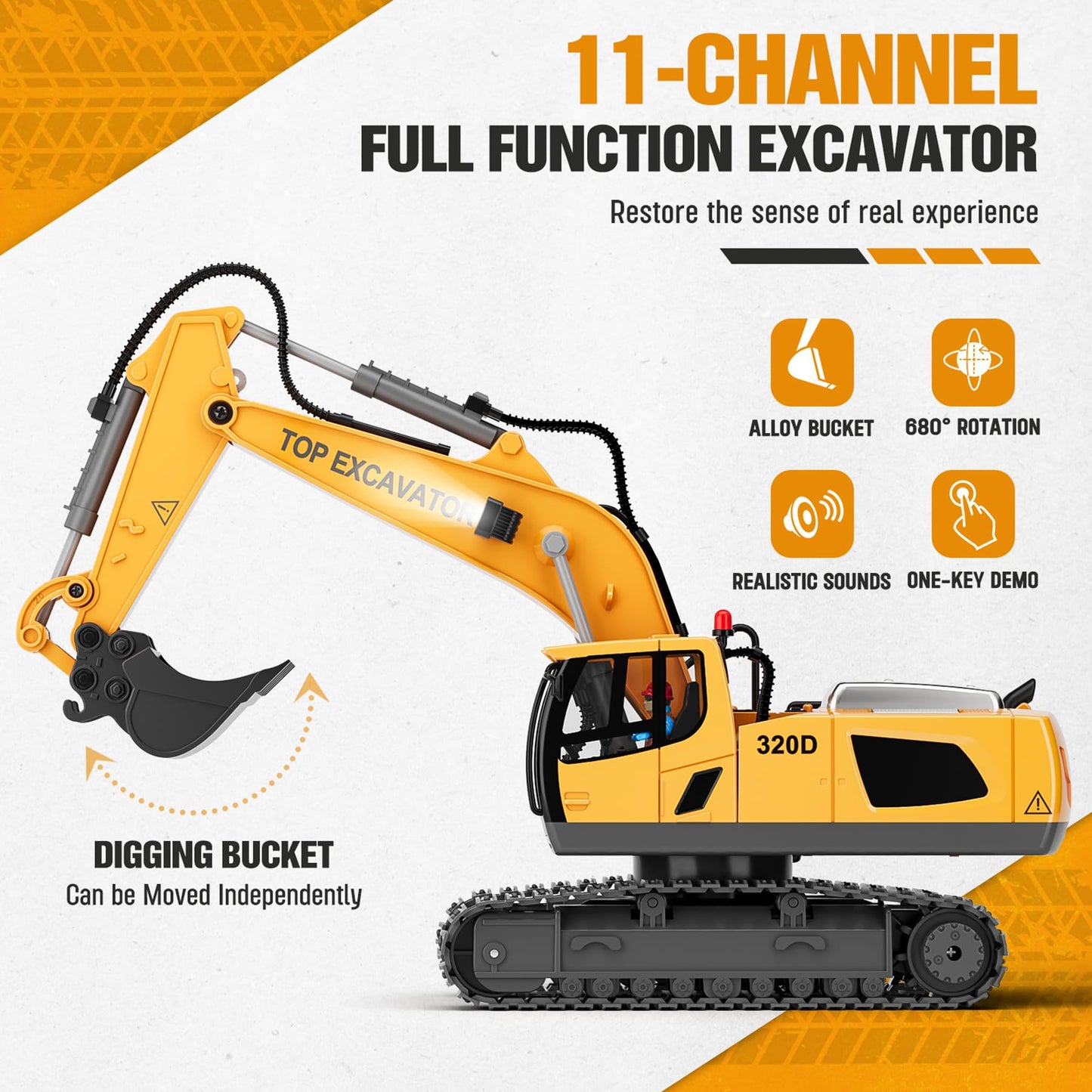 Remote Control Excavator Toy for Kids – 2×1200mAh RC Truck with Metal Shovel, Lights, 11CH, 120+ Min Play, Ages 3-12, Birthday & Christmas Gift