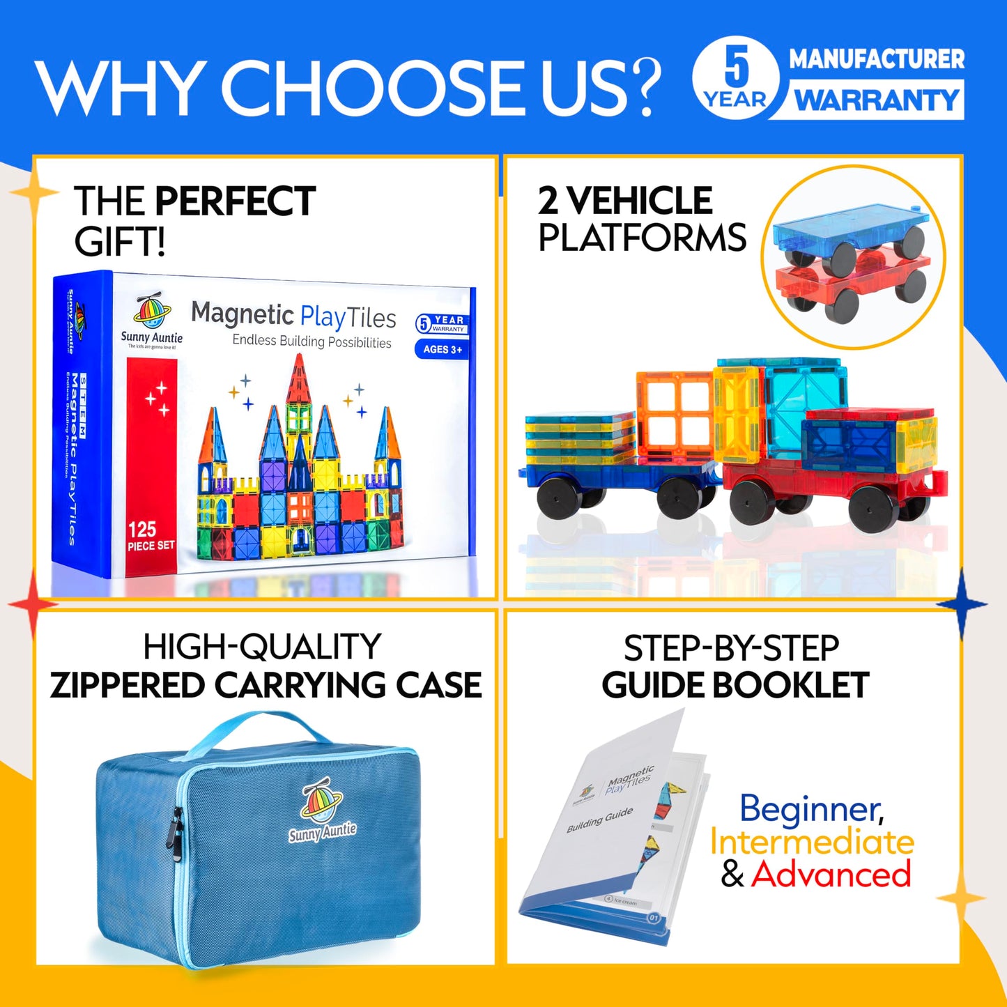 SUNNY AUNTIE 125+ Magnetic Tiles with Bonus Zippered Case, STEM Building Set for Kids Ages 3-8, Fun Gift for Boys & Girls