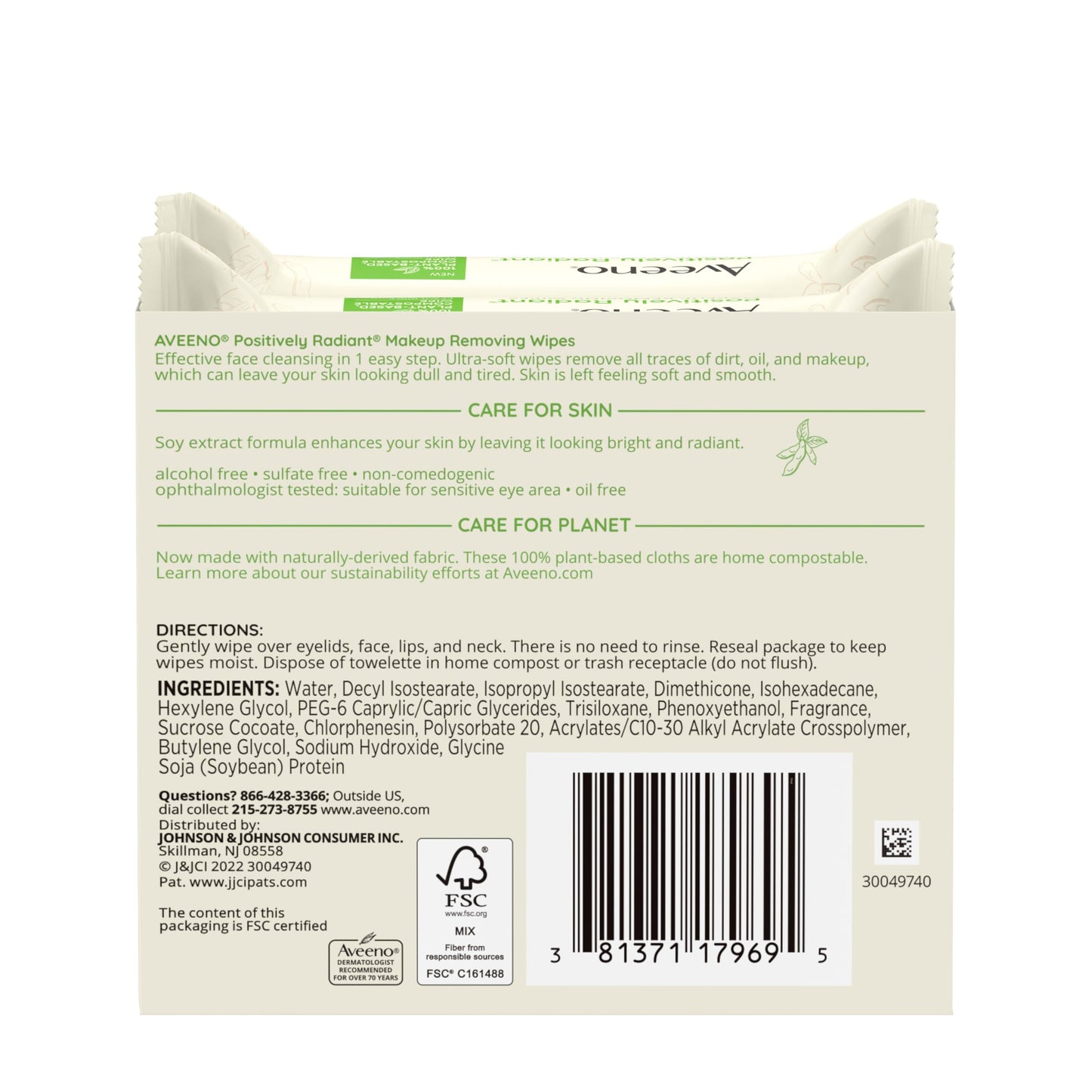 Aveeno Positively Radiant Alcohol-Free Makeup Removing Face Wipes, Gentle, Non-Comedogenic, Plant-Based, Compostable, 50 Count (2x25)