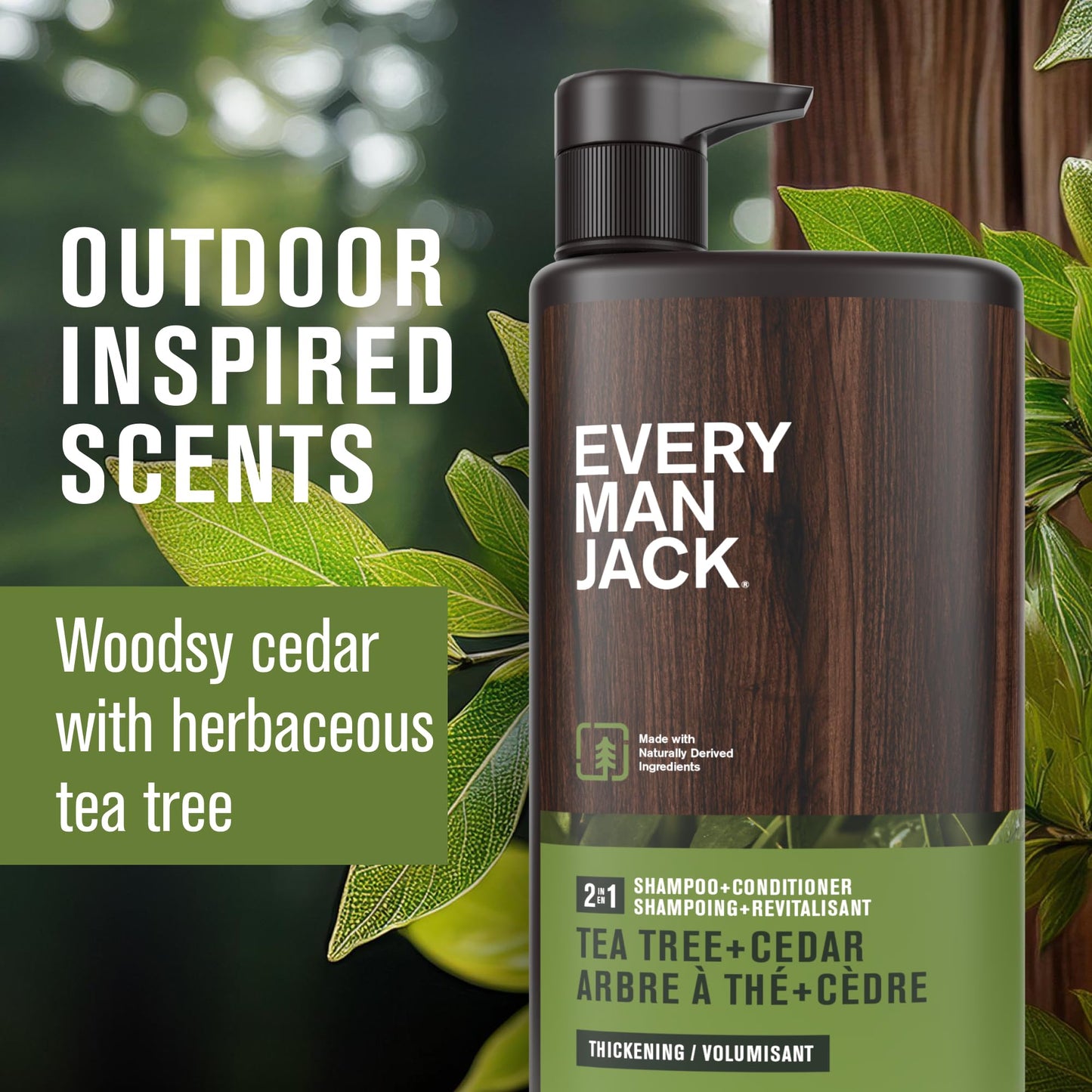 Every Man Jack 2-in-1 Shampoo + Conditioner Tea Tree & Cedar – Thickens, Cleanses & Hydrates Hair with Coconut, Aloe & Tea Tree Oil, 24oz