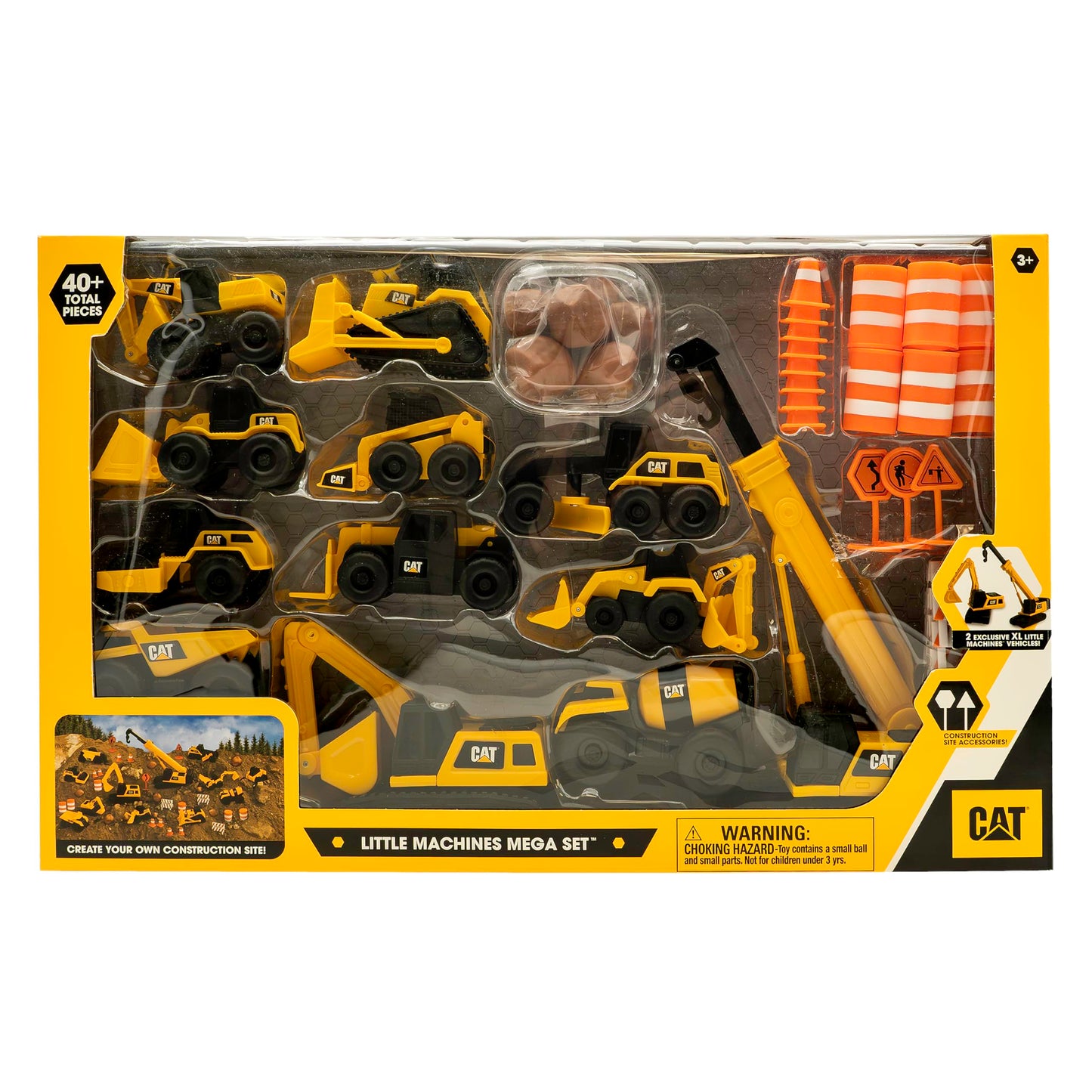 CAT Construction Toys Little Machines Mega Set – 40+ Pieces with XL Crane, Excavator, 10 Mini Vehicles & Accessories, STEM Toy Ages 3+