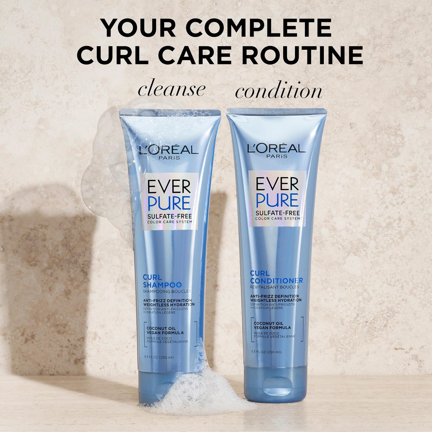 L'Oreal Paris EverPure Sulfate-Free Shampoo & Conditioner Set for Curly Hair, Anti-Frizz with Coconut Oil, 8.5 Fl Oz Each, 2-Pack