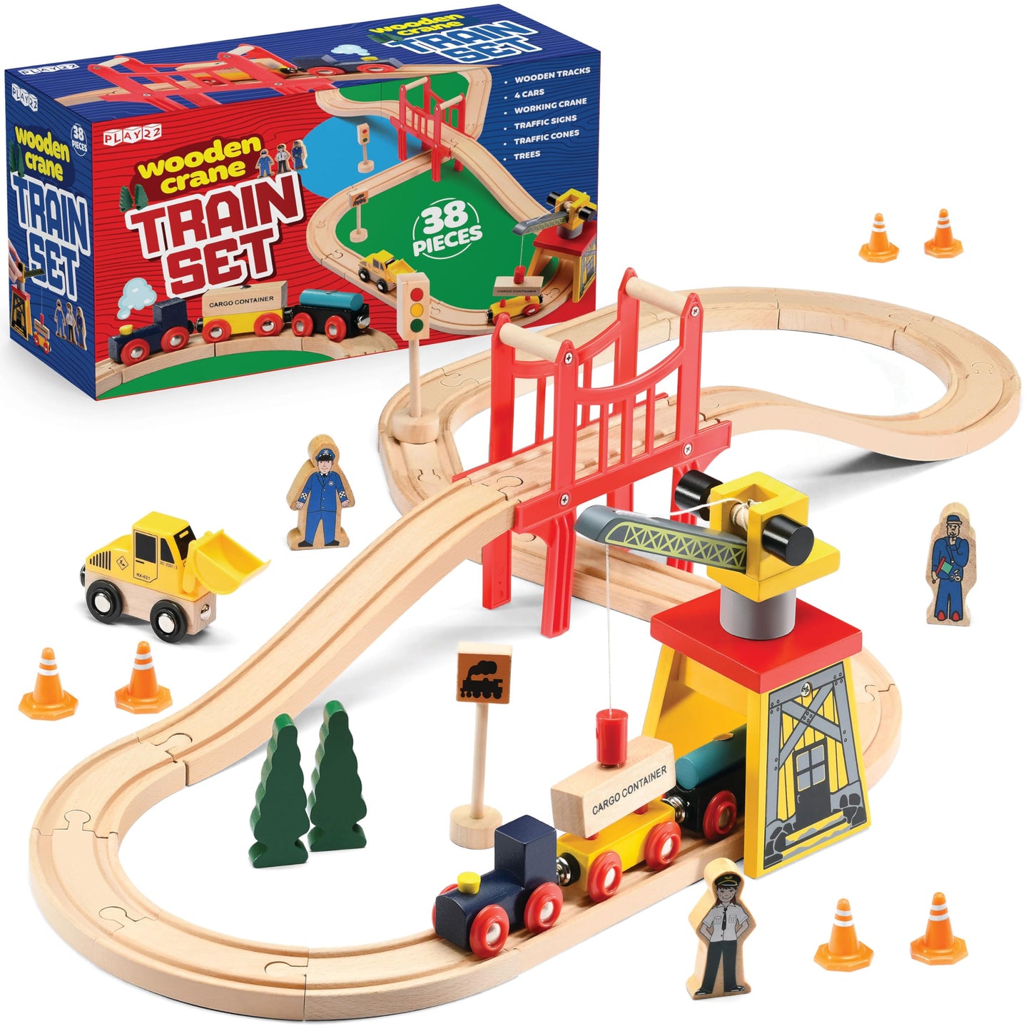 Play22 Wooden Train Set Toddler Toys - 38 Pieces Wood Train Track Set for Toddlers 3-4 Years with Crane, Bridge & Accessories