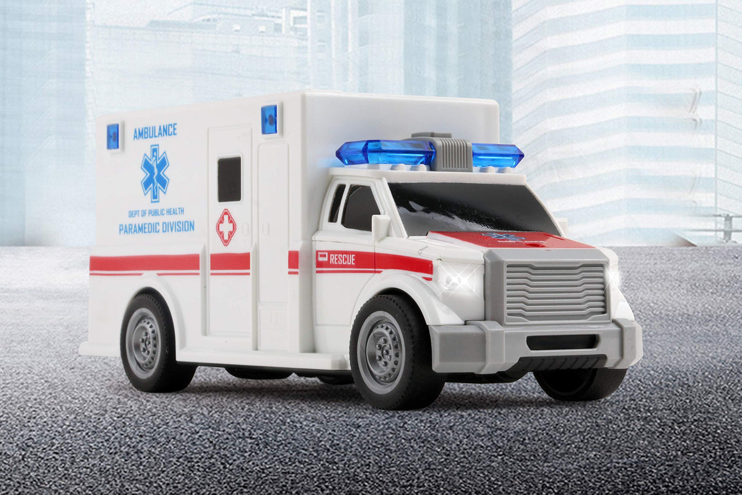 Vokodo 1:20 Scale Rescue Ambulance Toy Car – Friction Powered with Lights & Sounds, Push & Go Medical Emergency Vehicle for Kids