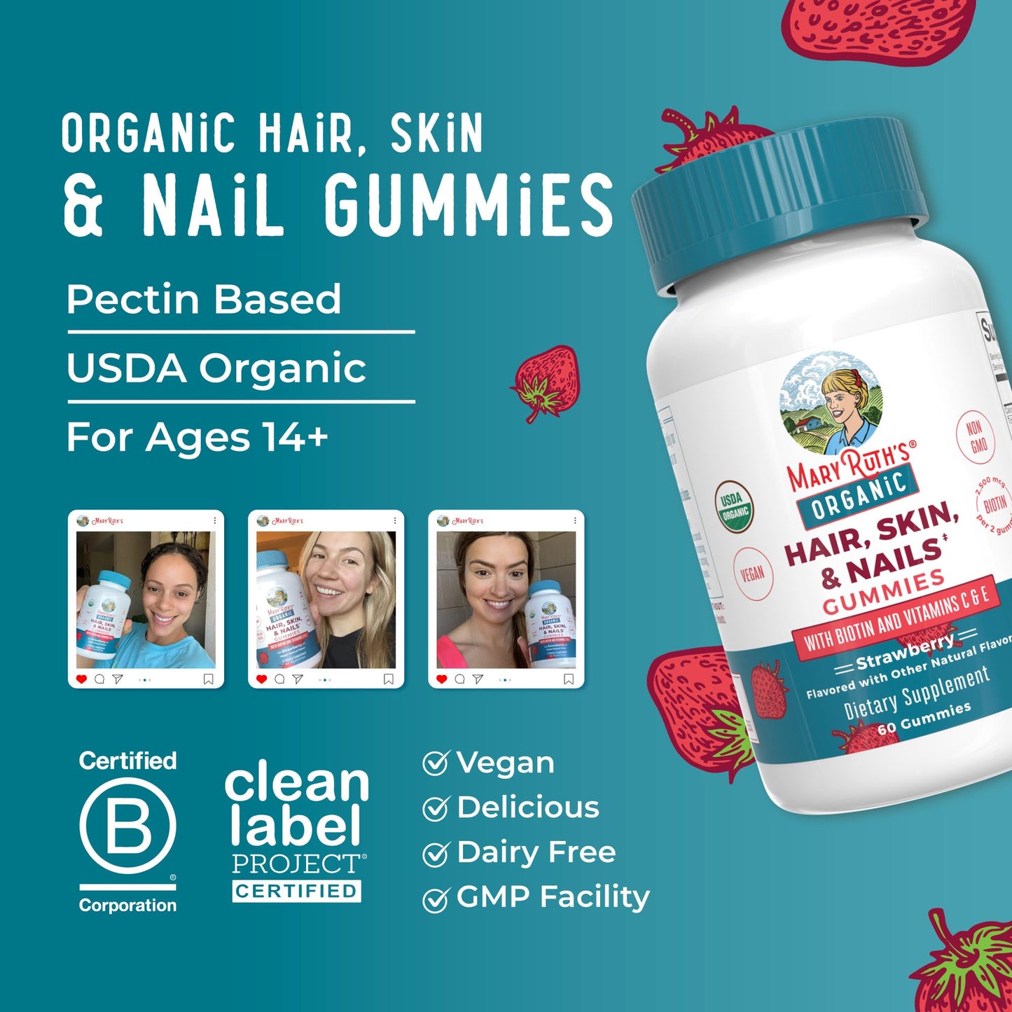 MaryRuth’s Organic Hair, Skin & Nail Gummies | 2500 mcg Biotin with Vitamins C & E | Supports Hair Growth, Glowing Skin & Strong Nails | 60 Ct