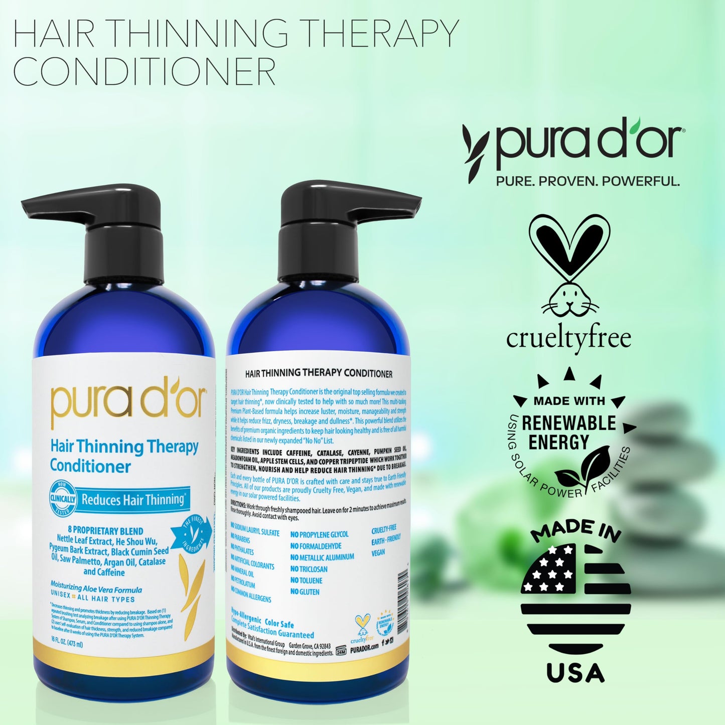 PURA D'OR Hair Thinning Therapy Biotin Conditioner 16 Oz | Clinically Tested | Deep Moisturizing Herbal Blend | Thickening & Color Safe
