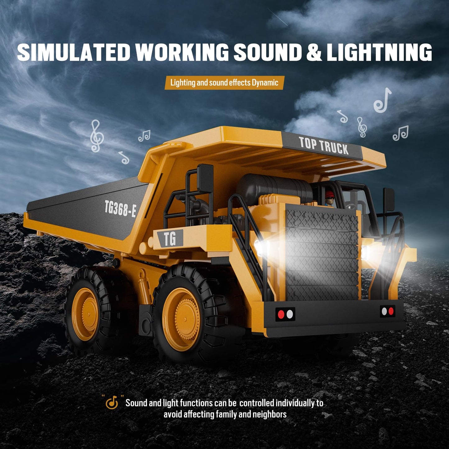 RC Dump Truck Toy – 9-Channel Remote Control Construction Truck with Metal Bed & Lights, Rechargeable, Kids Gift Ages 3-12+