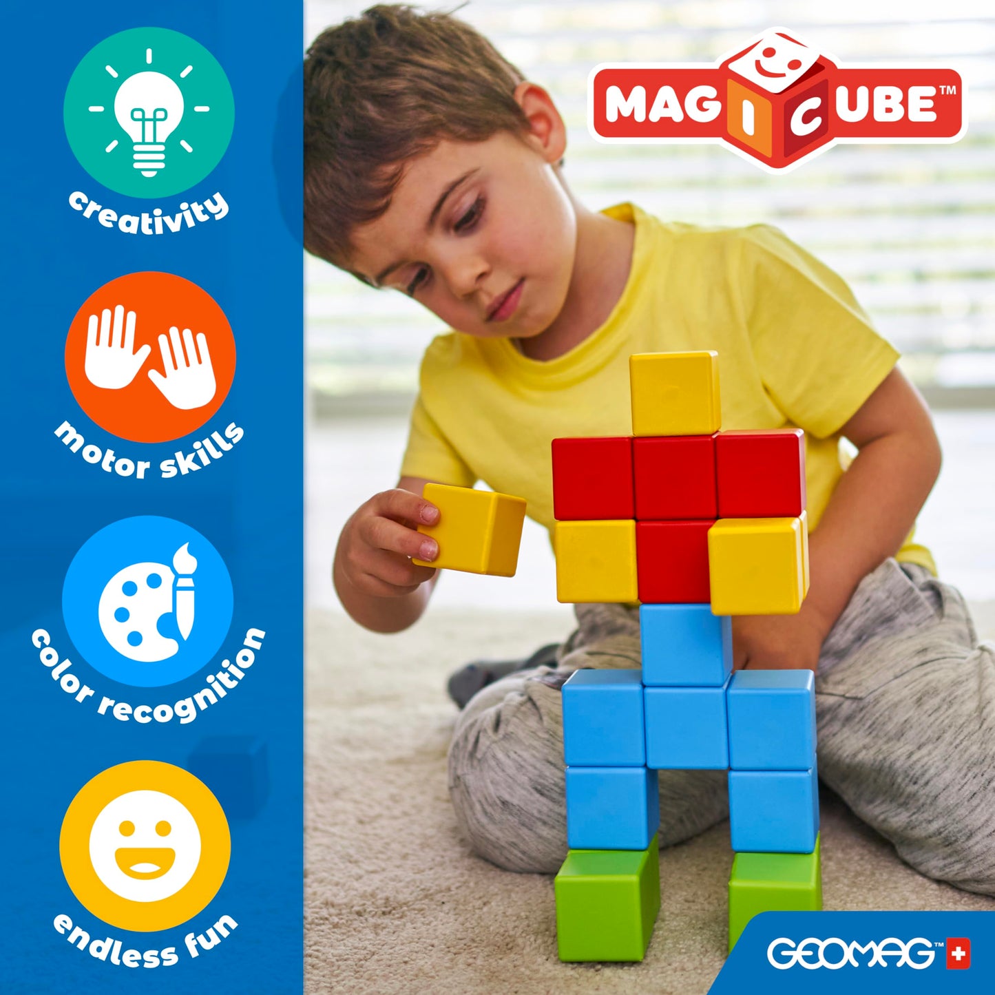 Geomag Magicube 24pcs Magnetic Blocks for Toddlers 1-3, Montessori & Sensory Toys, Autism-Friendly Magnets for Kids 1+ Year